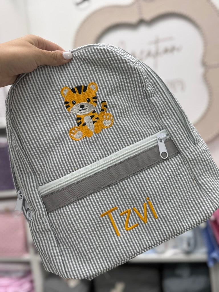 Personalized Seersucker Grey Small Backpack - Give Wink