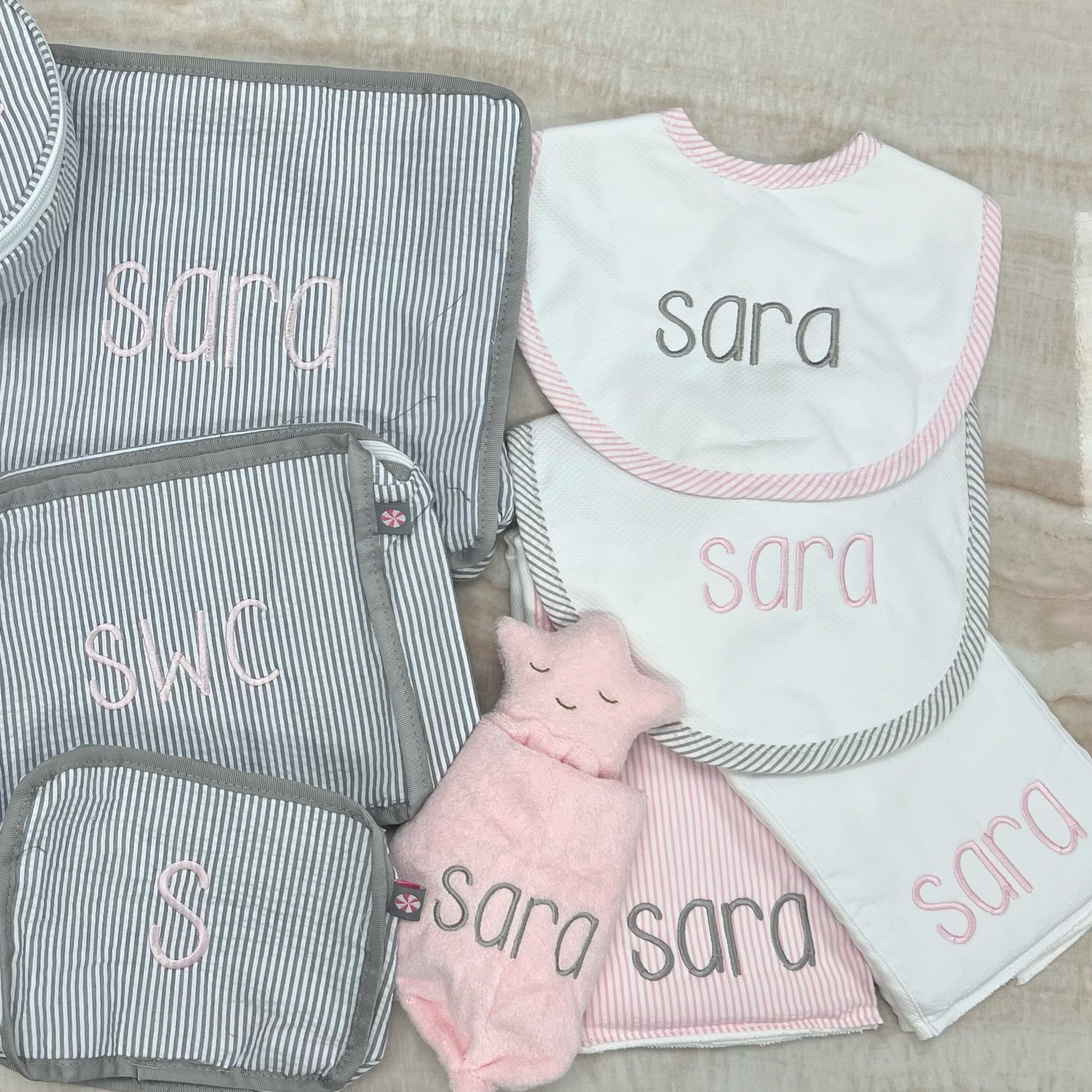 Personalized Baby Girl Pink Seersucker Set of 2 Burps - Give Wink