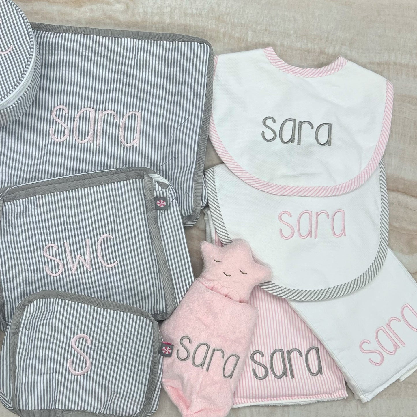 Personalized Baby Girl Pink Seersucker Stripe Pique Medium Bib - Give Wink