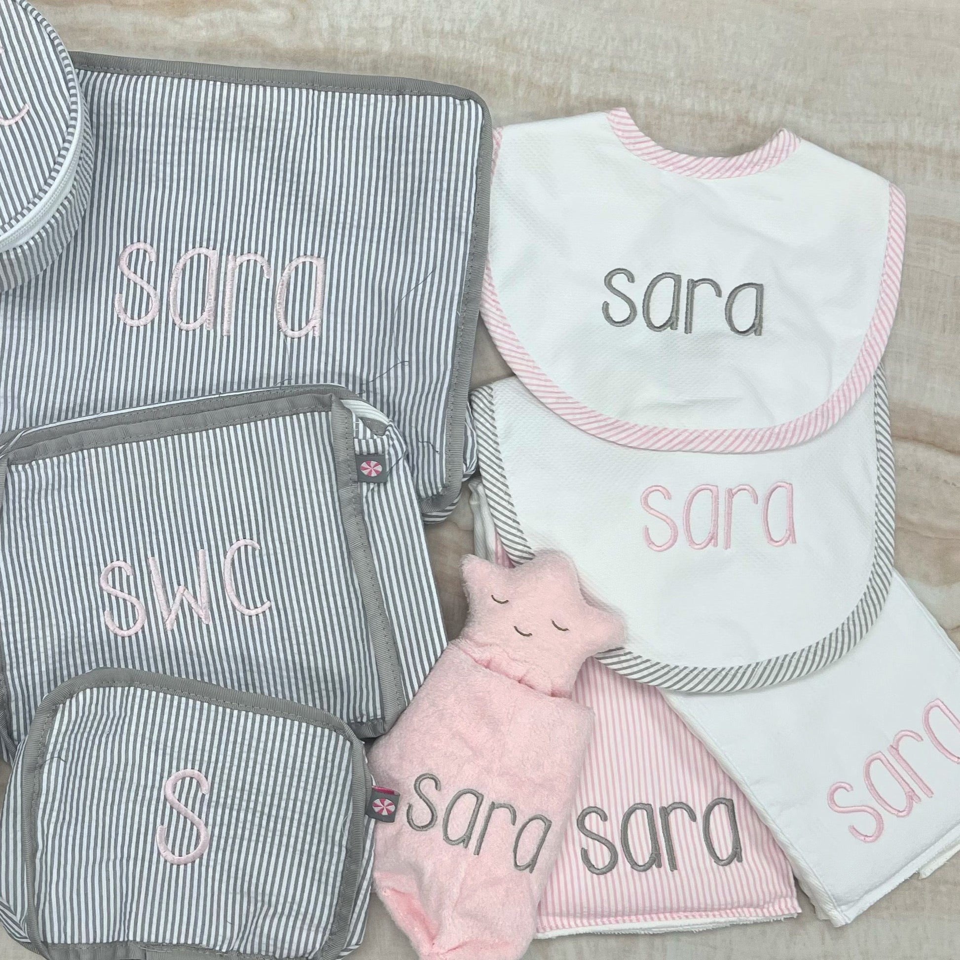 Personalized Baby Girl Pink Seersucker Stripe Pique Medium Bib - Give Wink