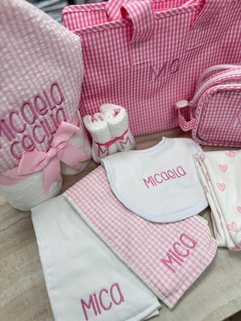 Personalized Baby Girl Pink Gingham Set of 2 Burps - Give Wink