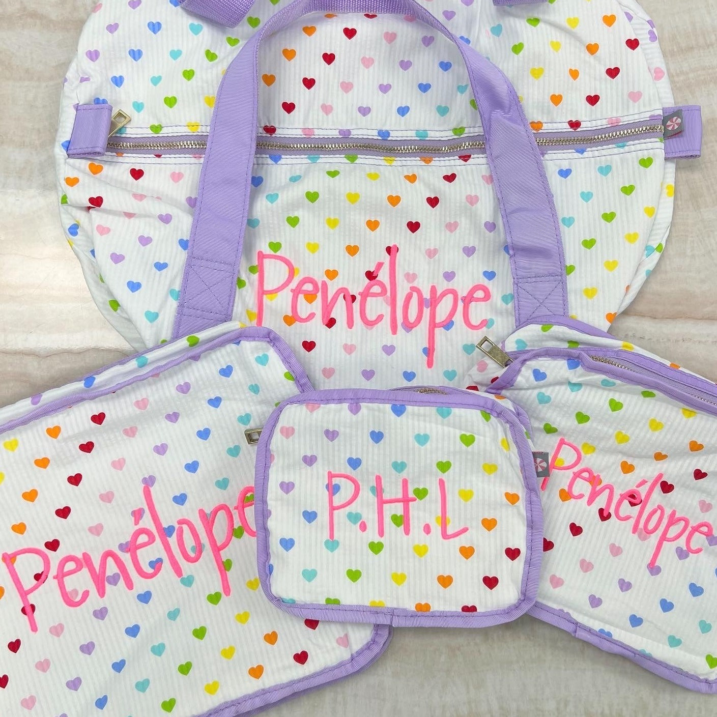 Personalized Seersucker Tiny Hearts Duffel Bag - Give Wink