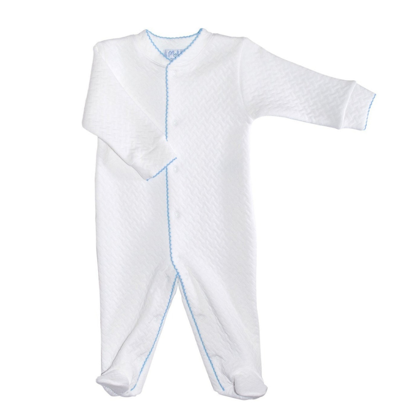 Pima Cotton Basket Weave Baby Footie White / Blue - Give Wink