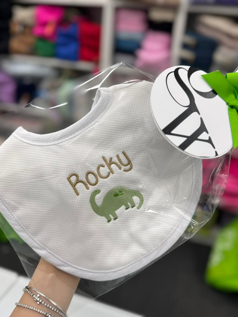 Personalized White Seersucker Stripe Pique Medium Baby Bib - Give Wink