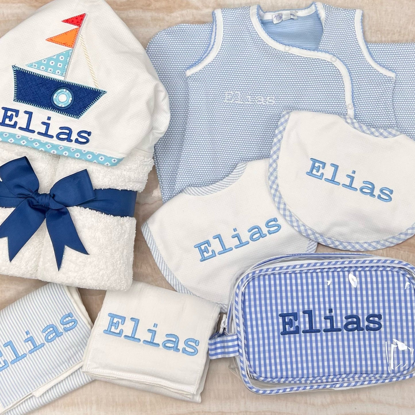 Personalized Baby Boy Blue Seersucker Stripe Pique Medium Bib - Give Wink