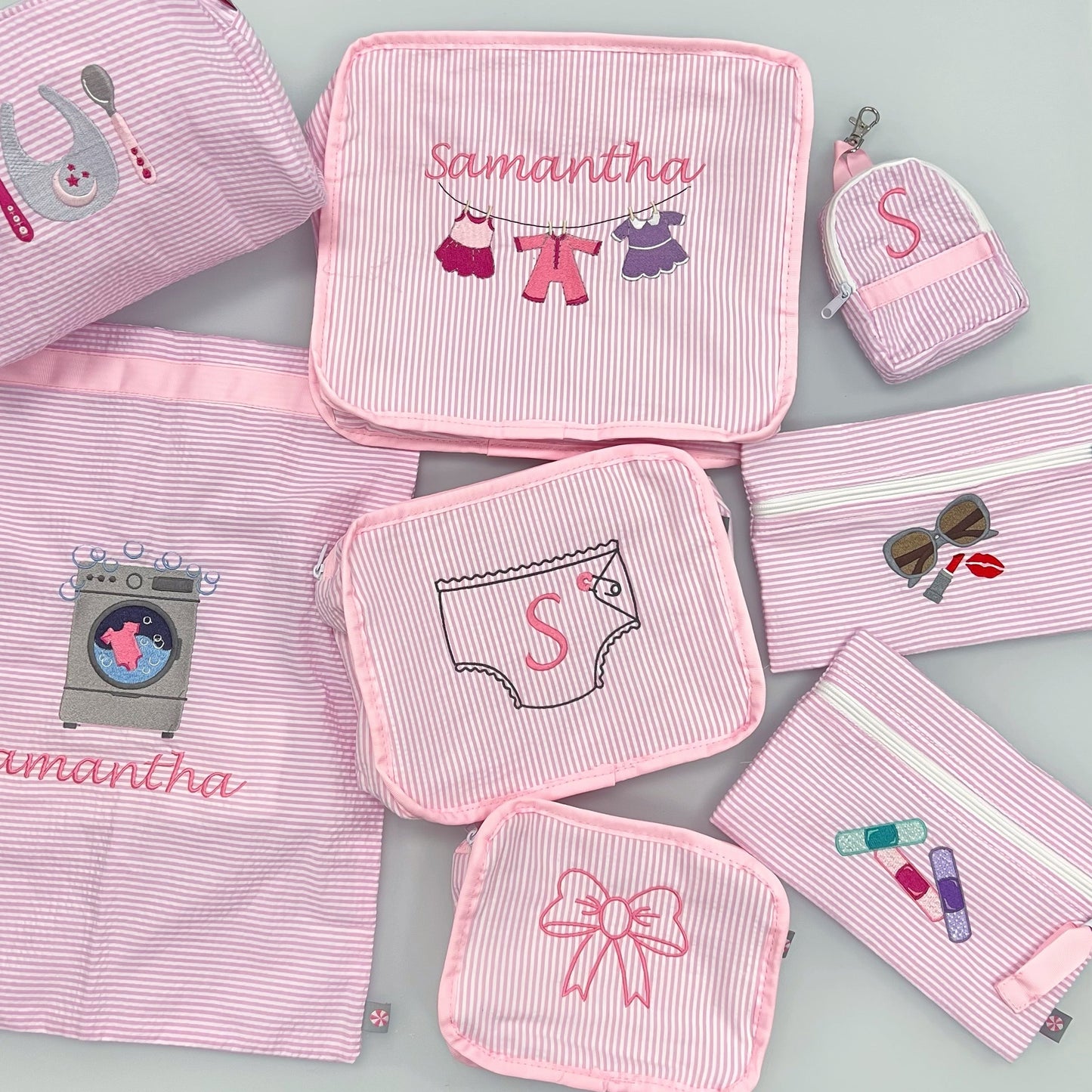 Personalized Seersucker Baby Pink Flat Pouch - Give Wink