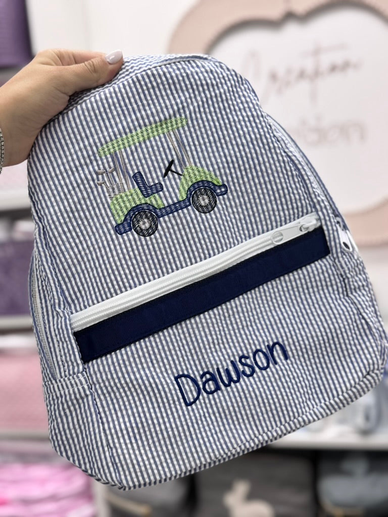Personalized Seersucker Blue Navy Small Backpack - Give Wink