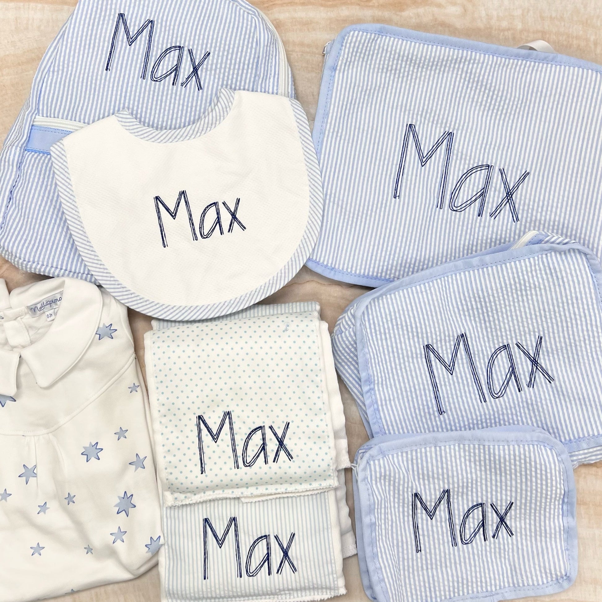 Personalized Baby Boy Blue Seersucker Stripe Pique Medium Bib - Give Wink