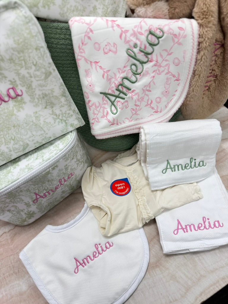 Personalized White Seersucker Stripe Pique Medium Baby Bib - Give Wink