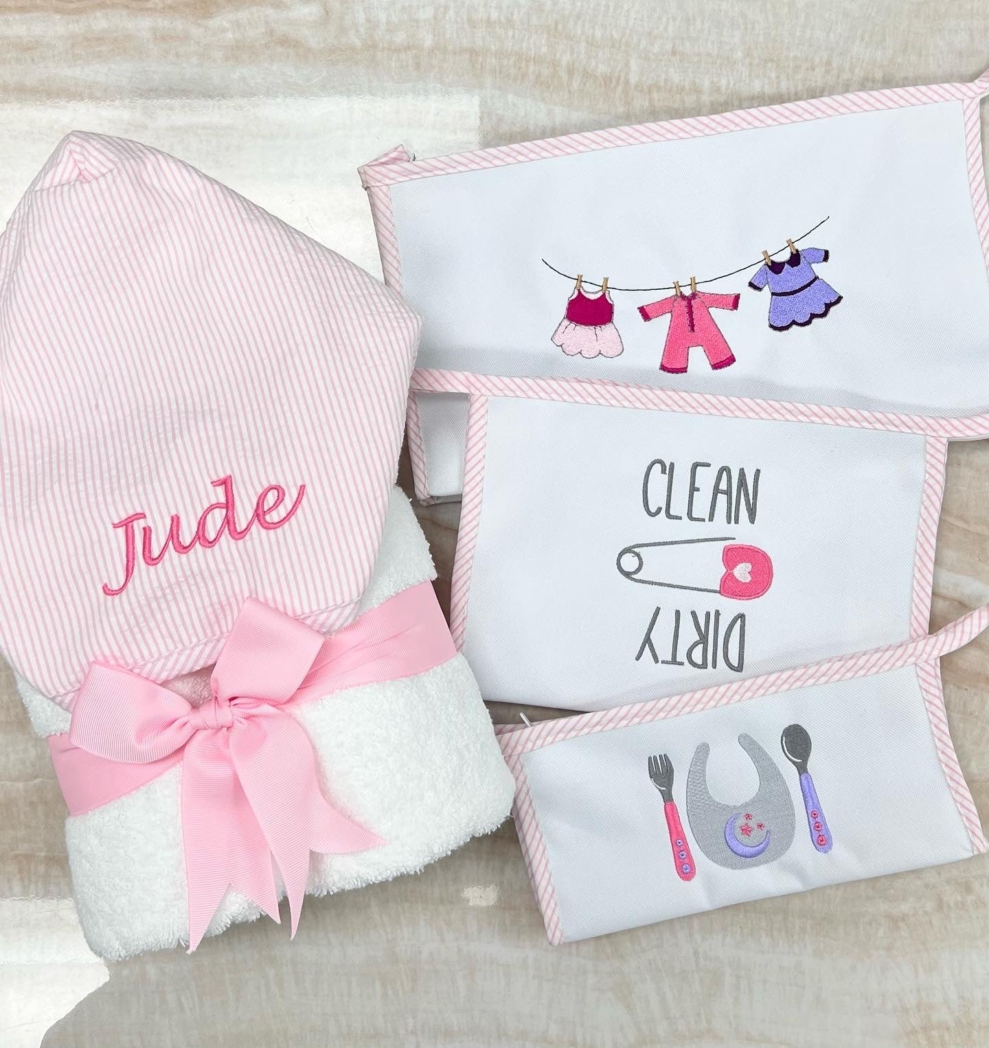 Personalized Baby Girl  Pink Seersucker Stripe Hooded Towel - Give Wink