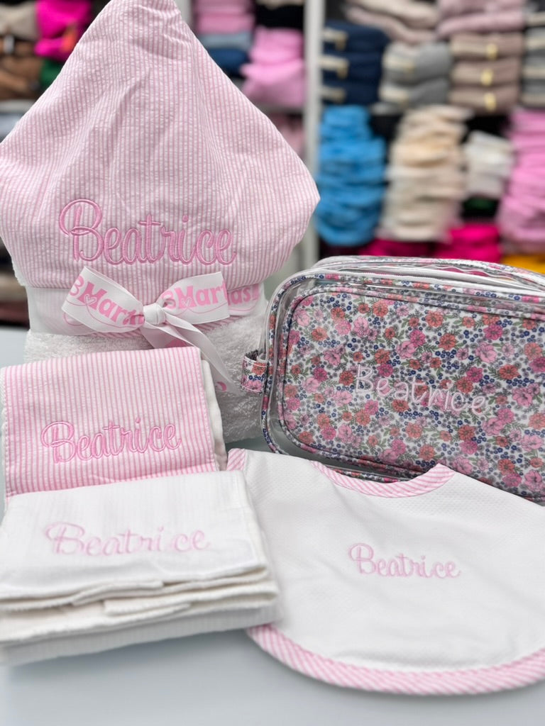 Personalized Baby Girl Pink Seersucker Set of 2 Burps - Give Wink