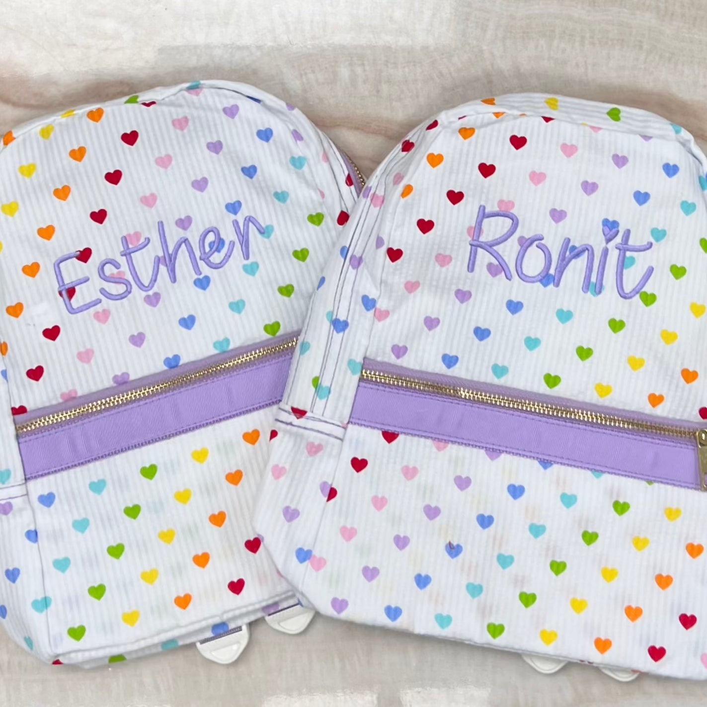 Personalized Seersucker Tiny Hearts Small Backpack - Give Wink