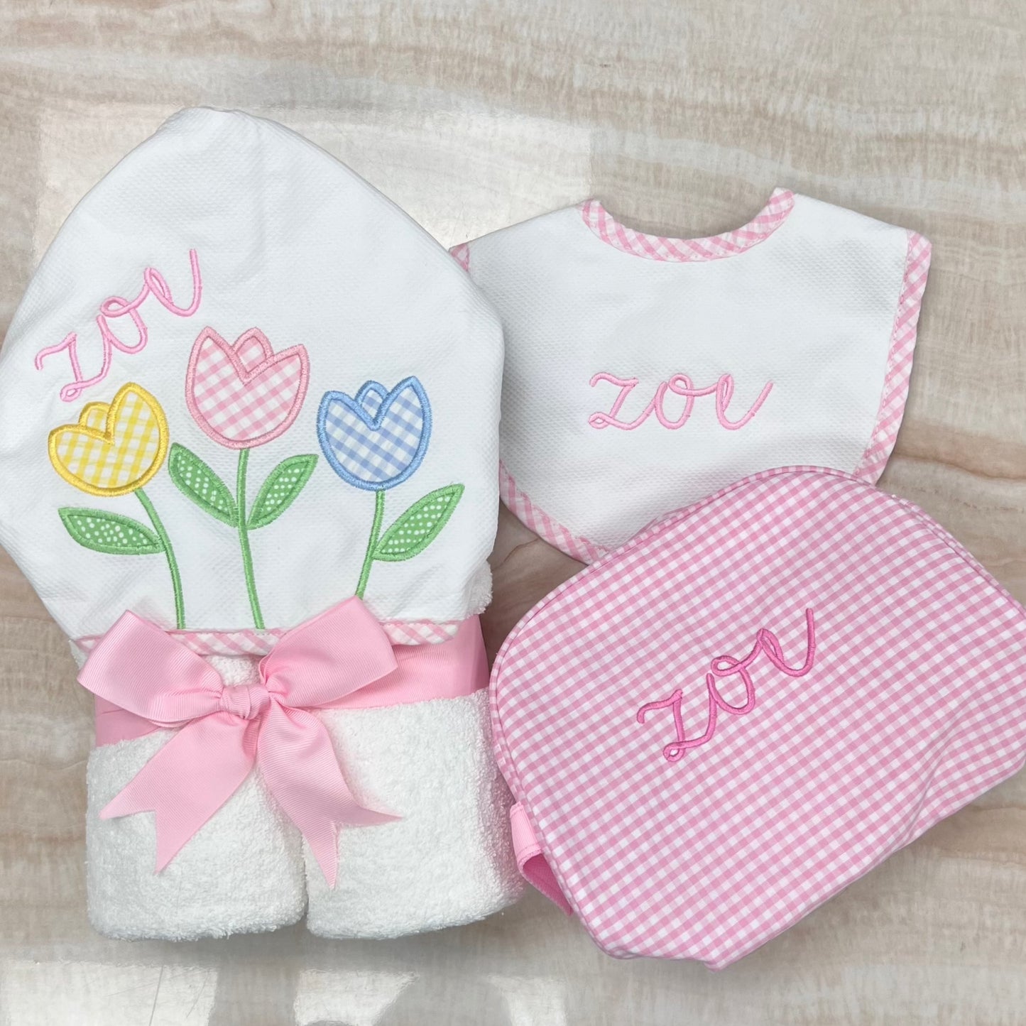 Personalized Baby Girl Pink Gingham Pique Medium Bib - Give Wink