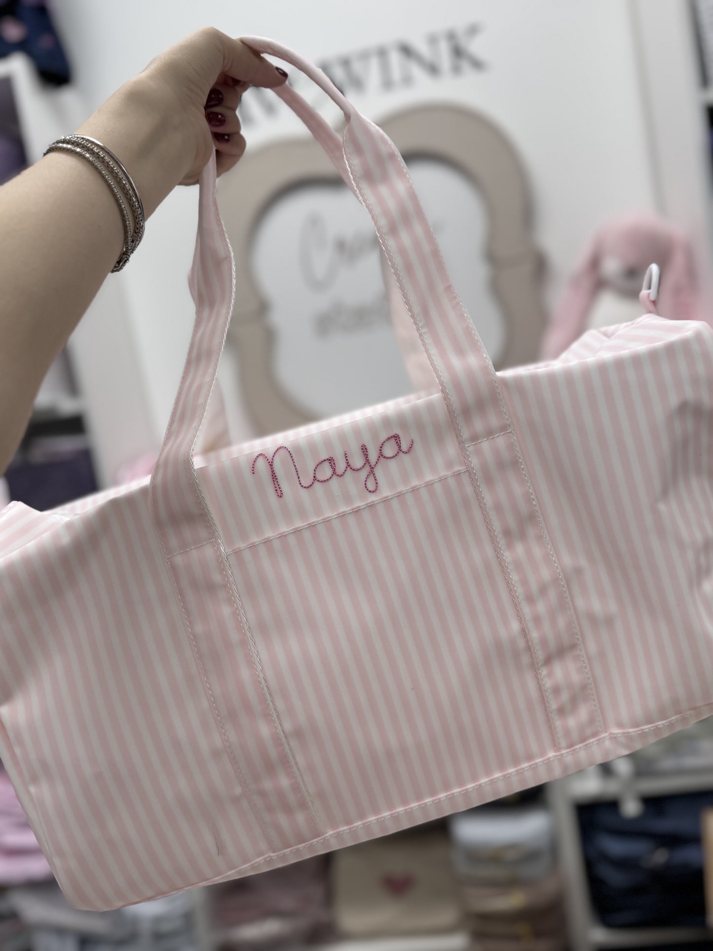 Personalized Nylon Stripe Pink Duffel Weekender - Give Wink