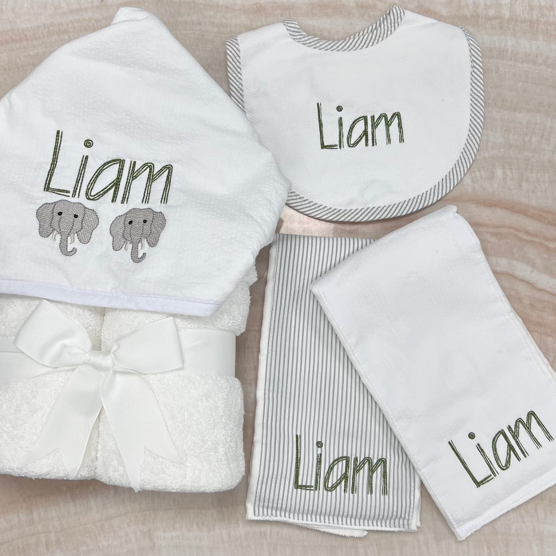 Personalized White Seersucker Stripe Baby Hooded Towel - Give Wink