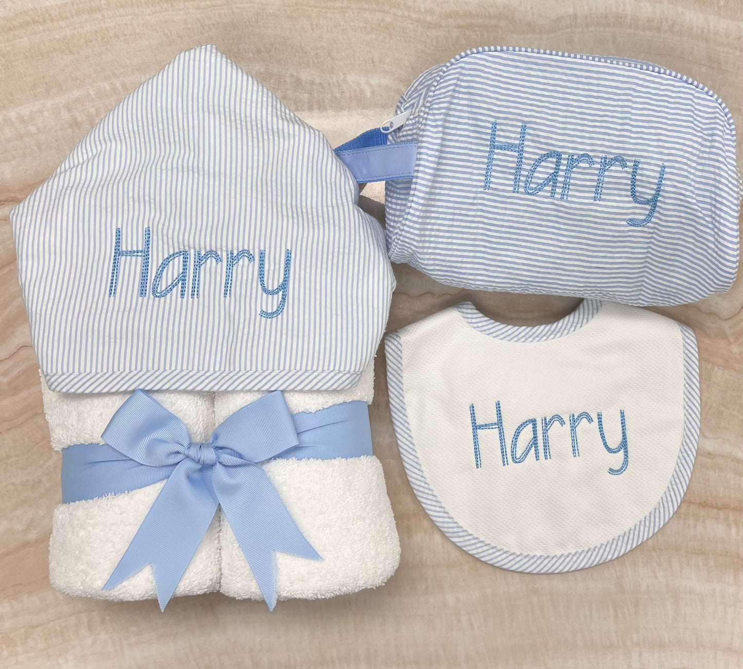 Personalized Baby Boy Blue Seersucker Hooded Towel - Give Wink