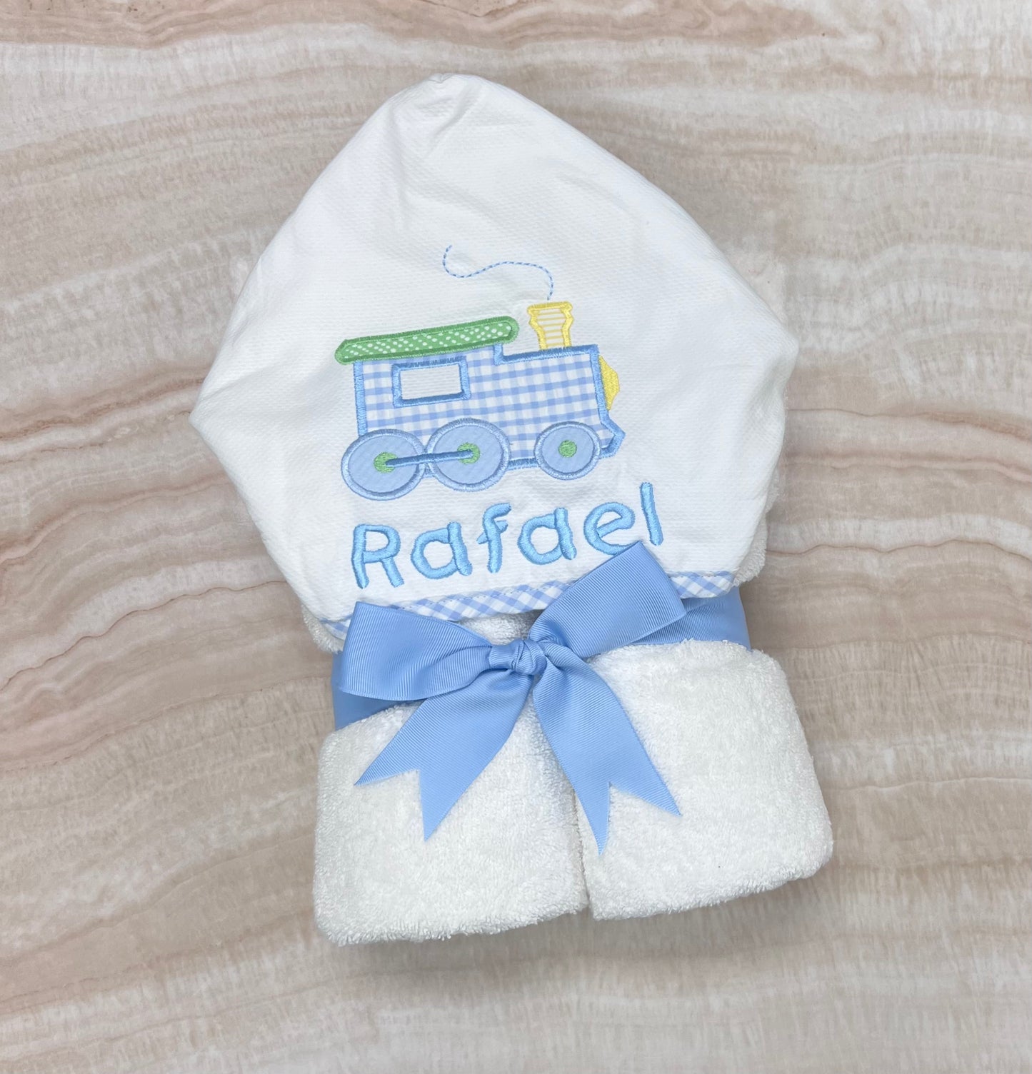 Personalized Baby Boy Blue Pastel Train Hooded Towel - Give Wink