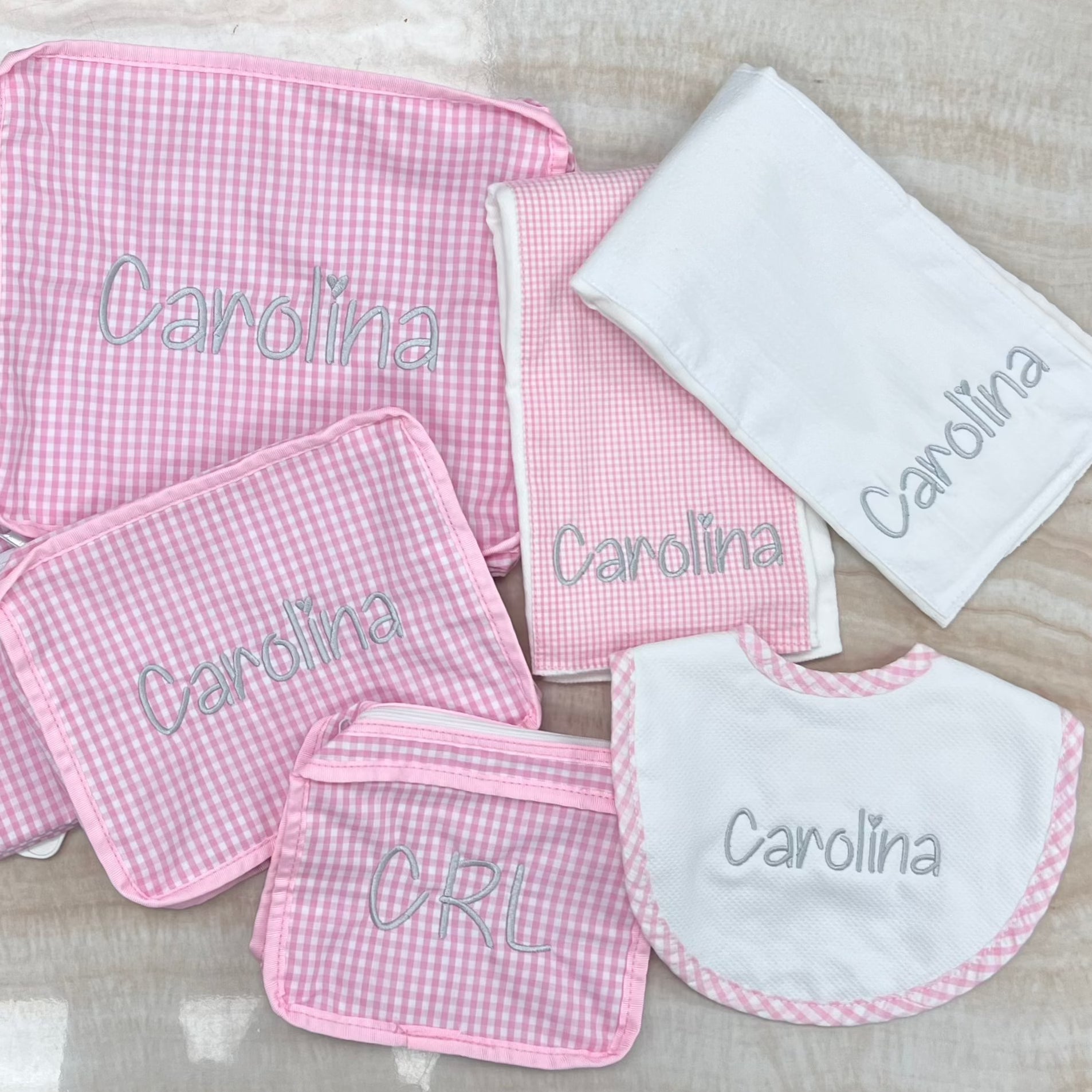 Personalized Baby Girl Pink Gingham Pique Medium Bib - Give Wink