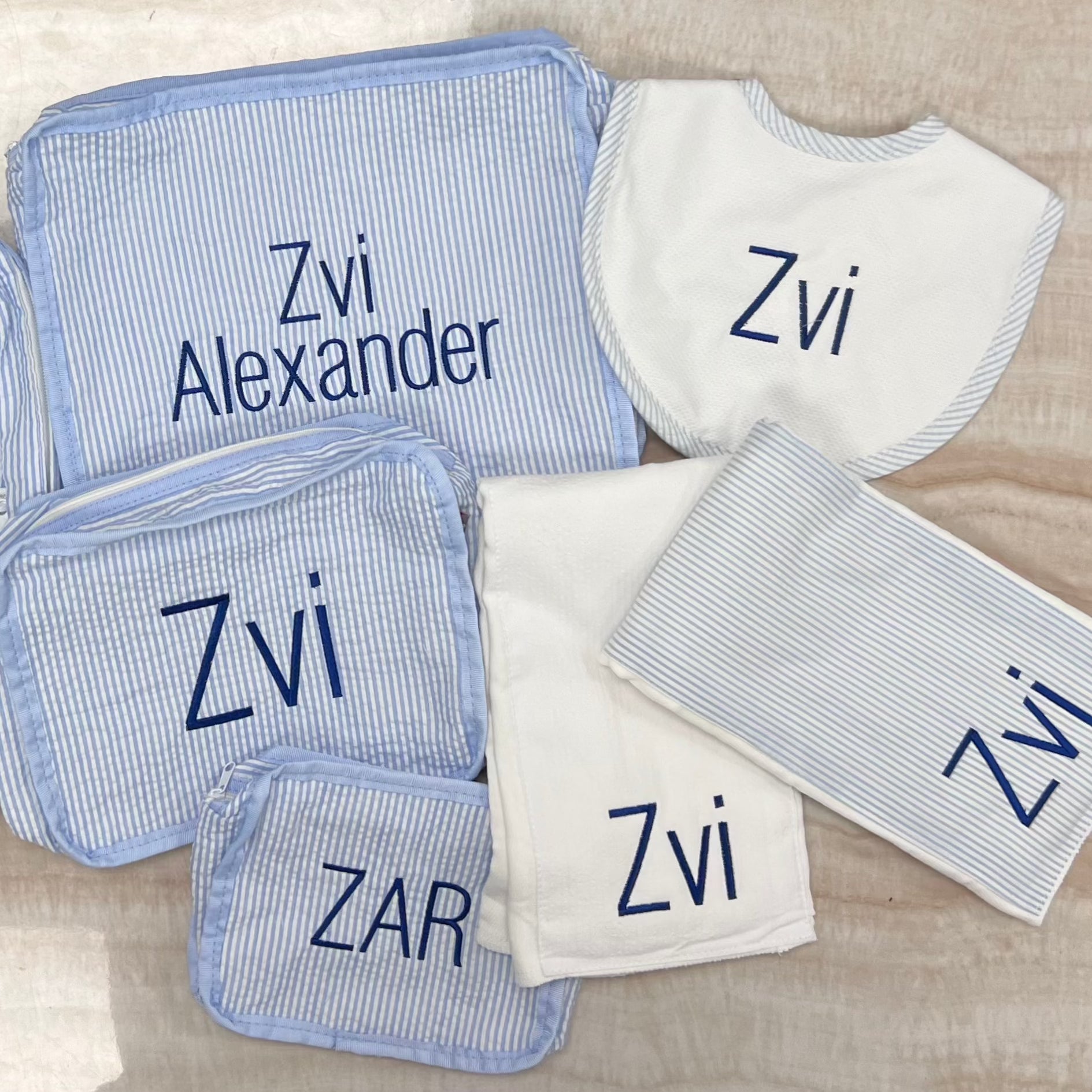 Personalized Baby Boy Blue Seersucker Set of 2 Burps - Give Wink