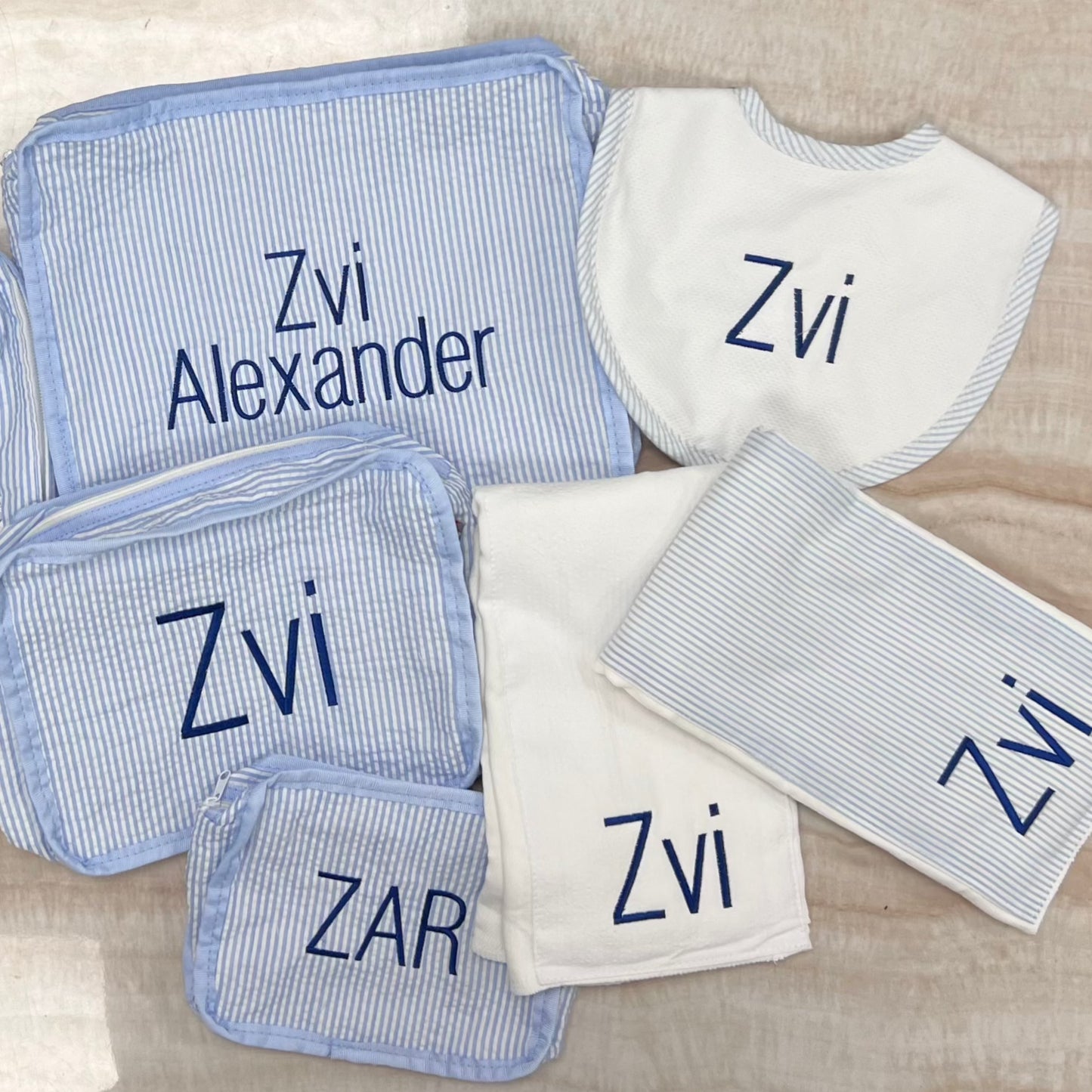 Personalized Baby Boy Blue Seersucker Stripe Pique Medium Bib - Give Wink