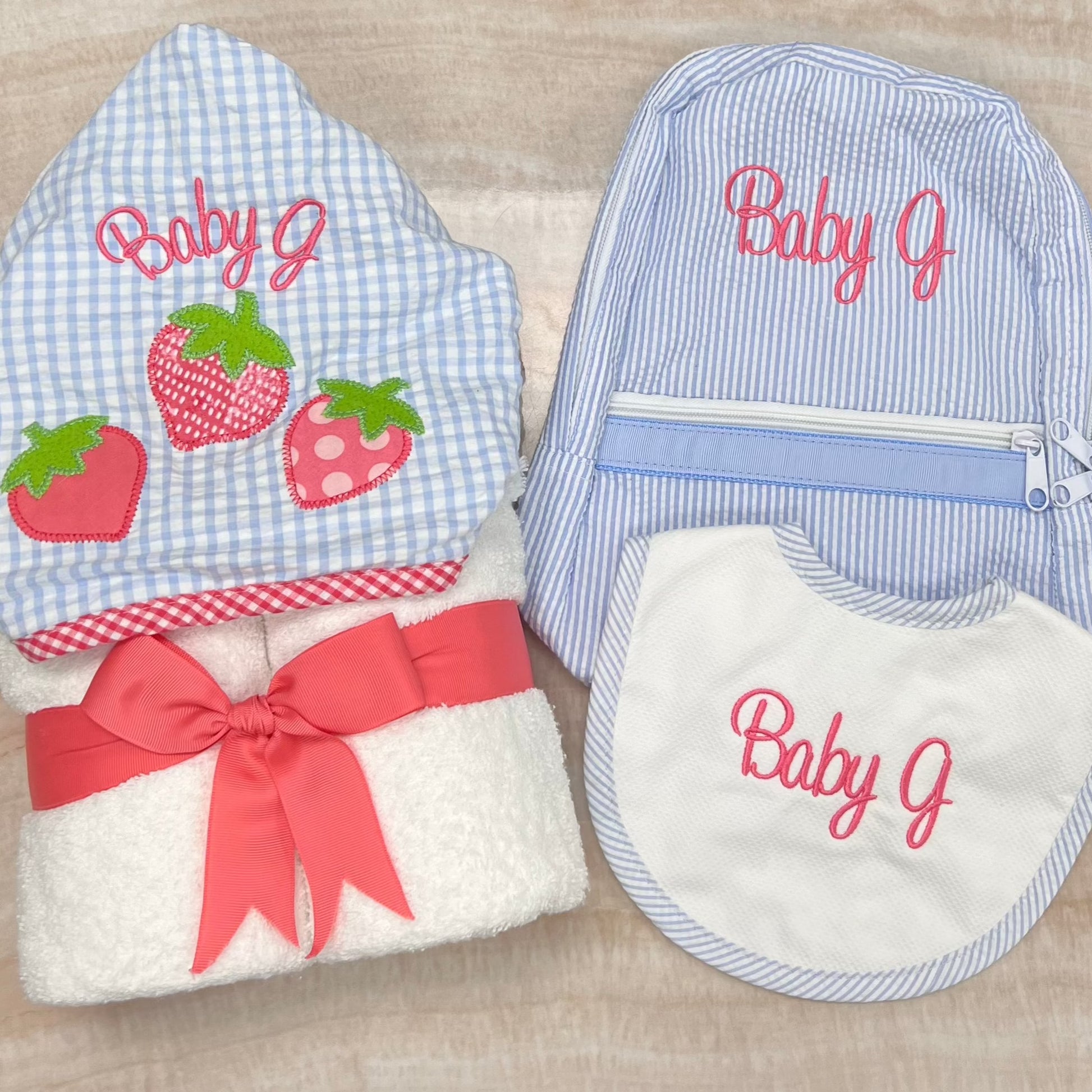 Personalized Seersucker Baby Blue Small Backpack - Give Wink