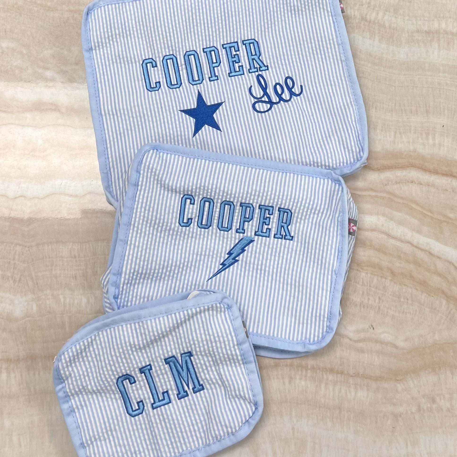 Personalized Seersucker Baby Blue Organizing Trio - Give Wink