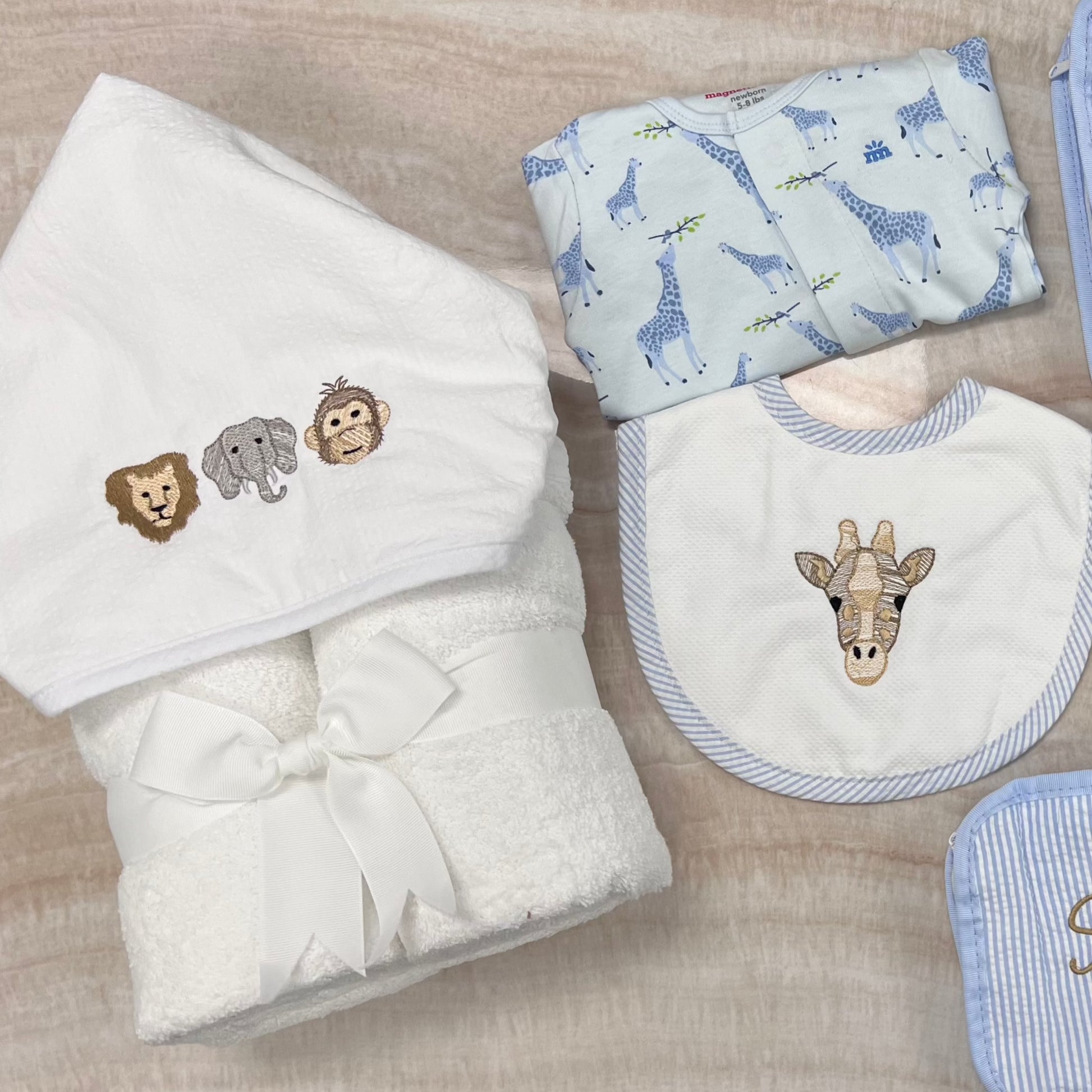 Personalized White Seersucker Stripe Baby Hooded Towel - Give Wink