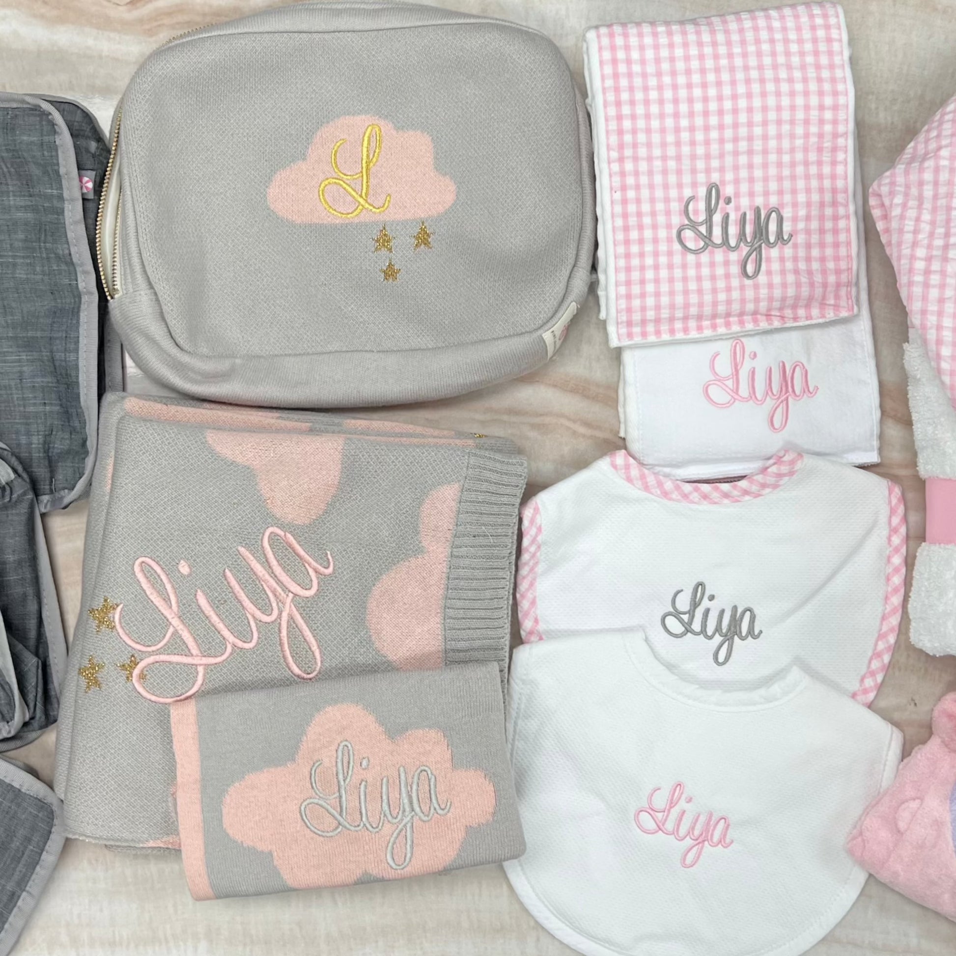 Personalized Baby Travel Set Dreamy Clouds 3 Piece Knitted - Give Wink