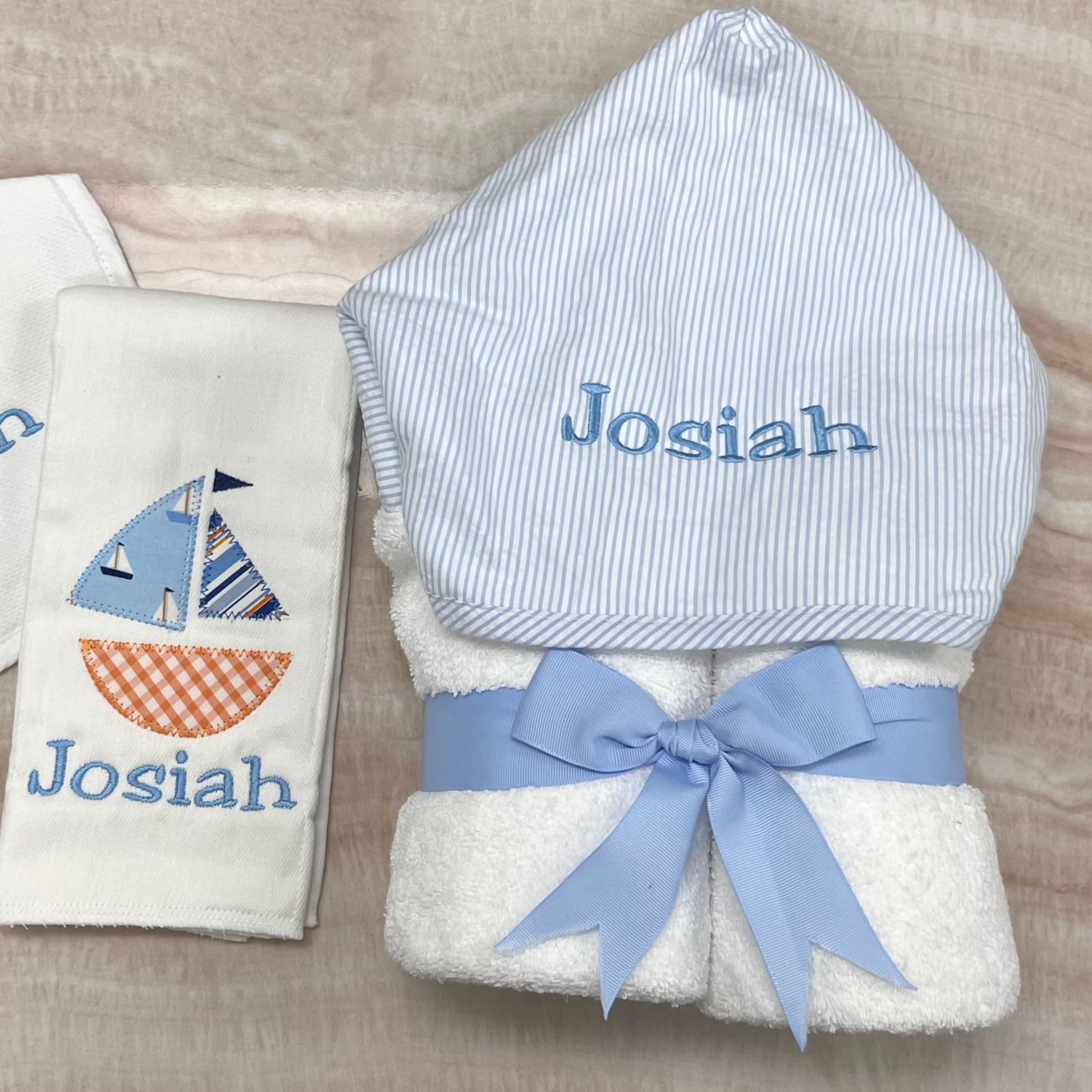 Personalized Baby Boy Blue Seersucker Hooded Towel - Give Wink