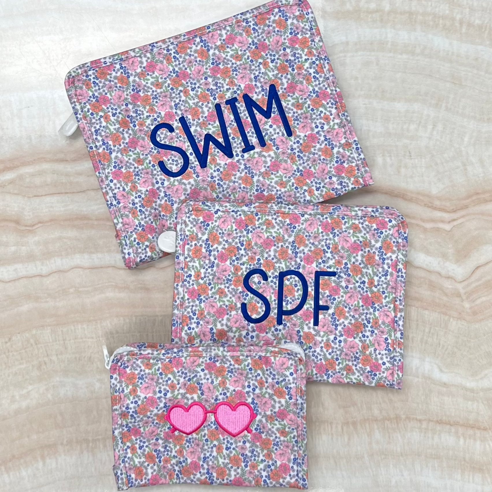 Personalized Nylon Floral Set of 3 Pouches - Give Wink