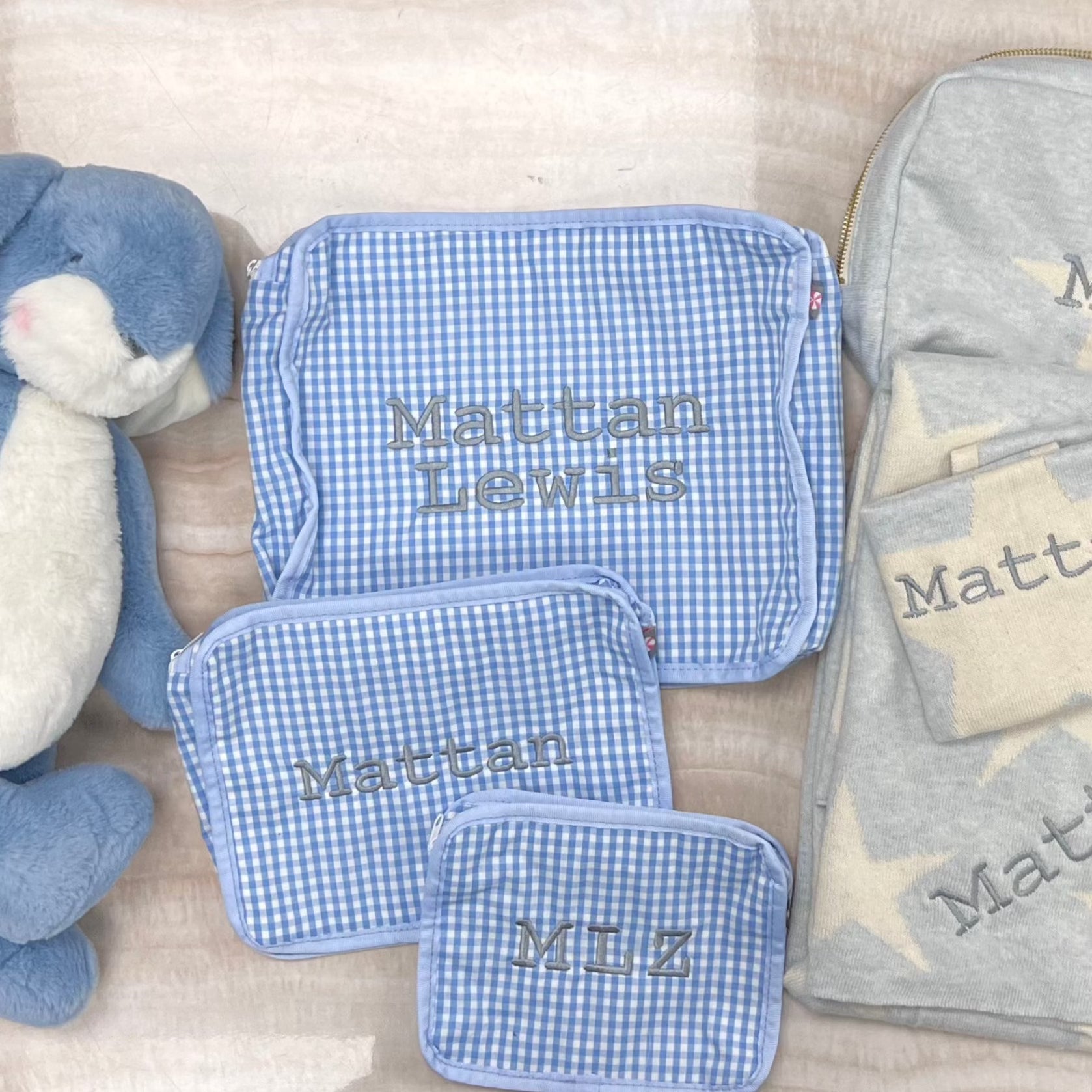 Personalized Gingham Baby Blue Organizing Trio - Give Wink