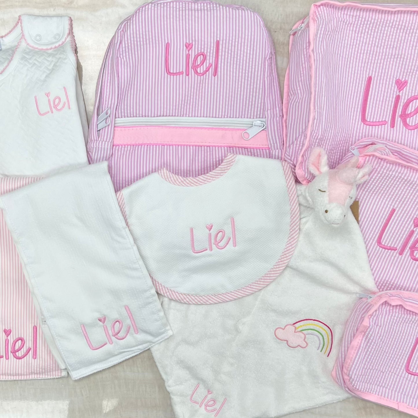 Personalized Seersucker Baby Pink Small Backpack - Give Wink