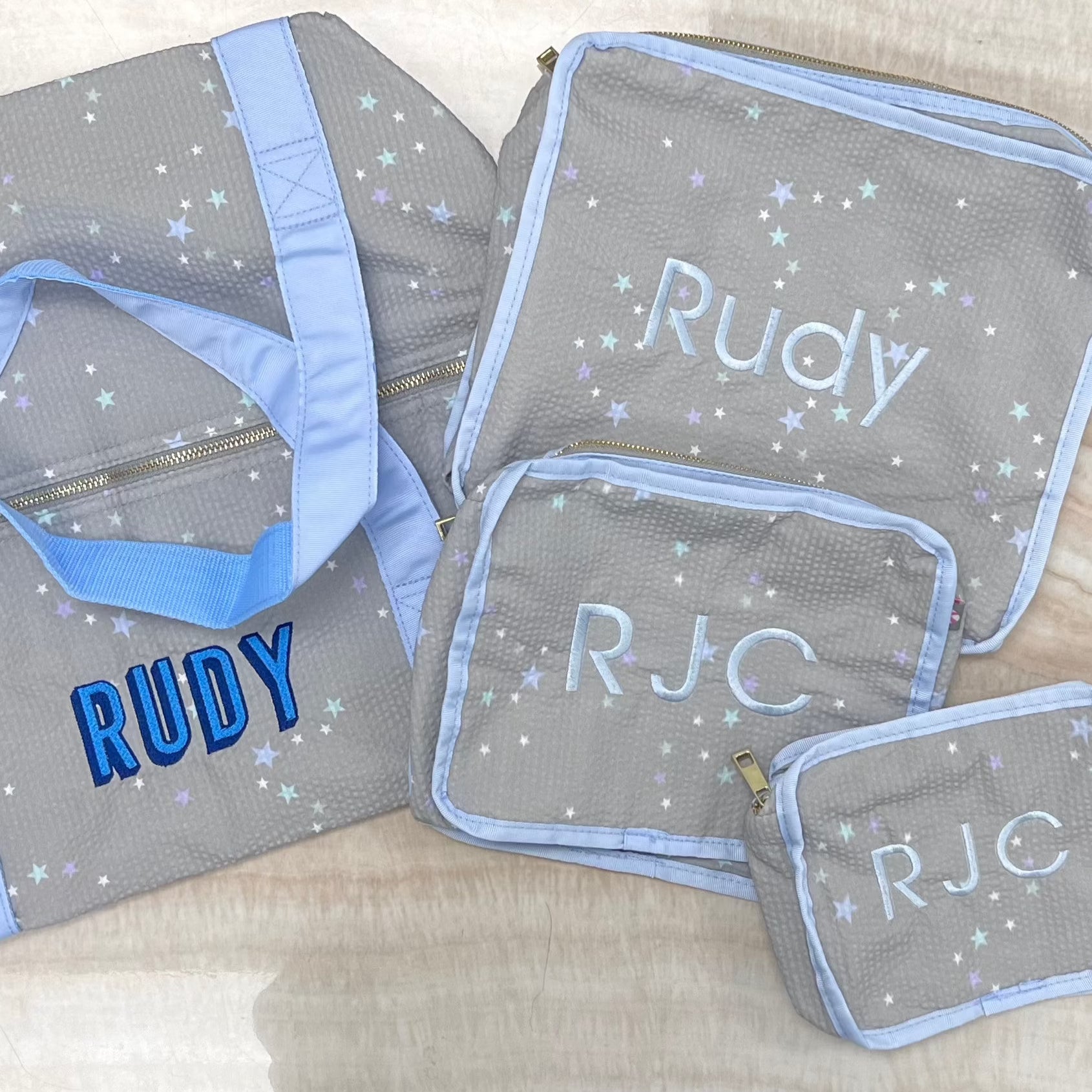 Personalized Seersucker Little Stars Organizing Trio - Give Wink