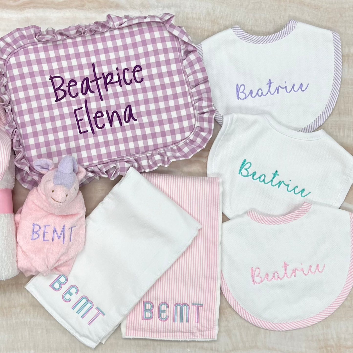 Personalized Baby Girl Lilac Seersucker Stripe Pique Medium Bib - Give Wink