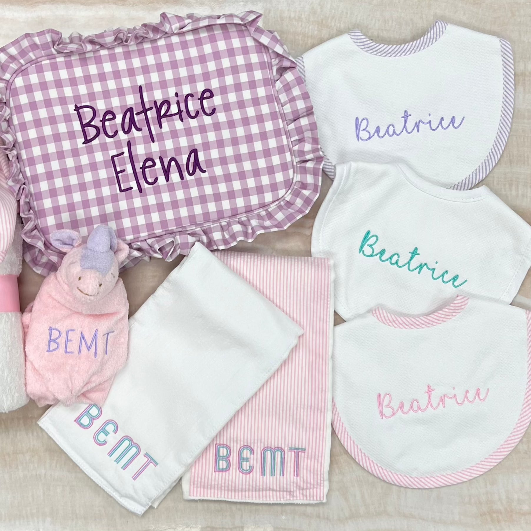 Personalized Baby Girl Pink Seersucker Set of 2 Burps - Give Wink