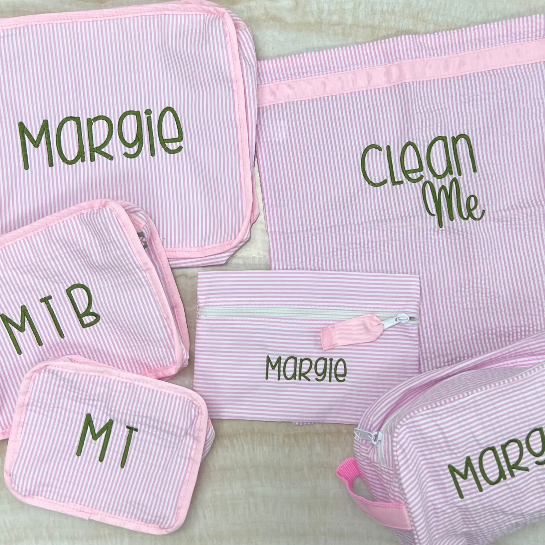 Personalized Seersucker Baby Pink Organizing Trio - Give Wink