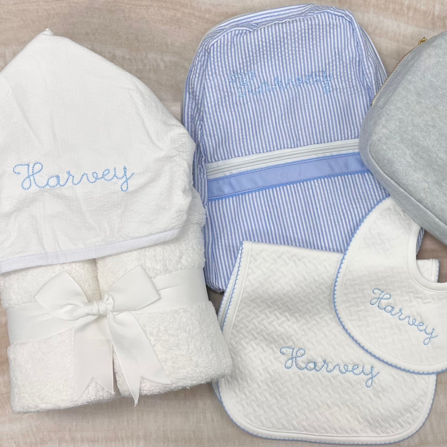 Personalized White Seersucker Stripe Baby Hooded Towel - Give Wink