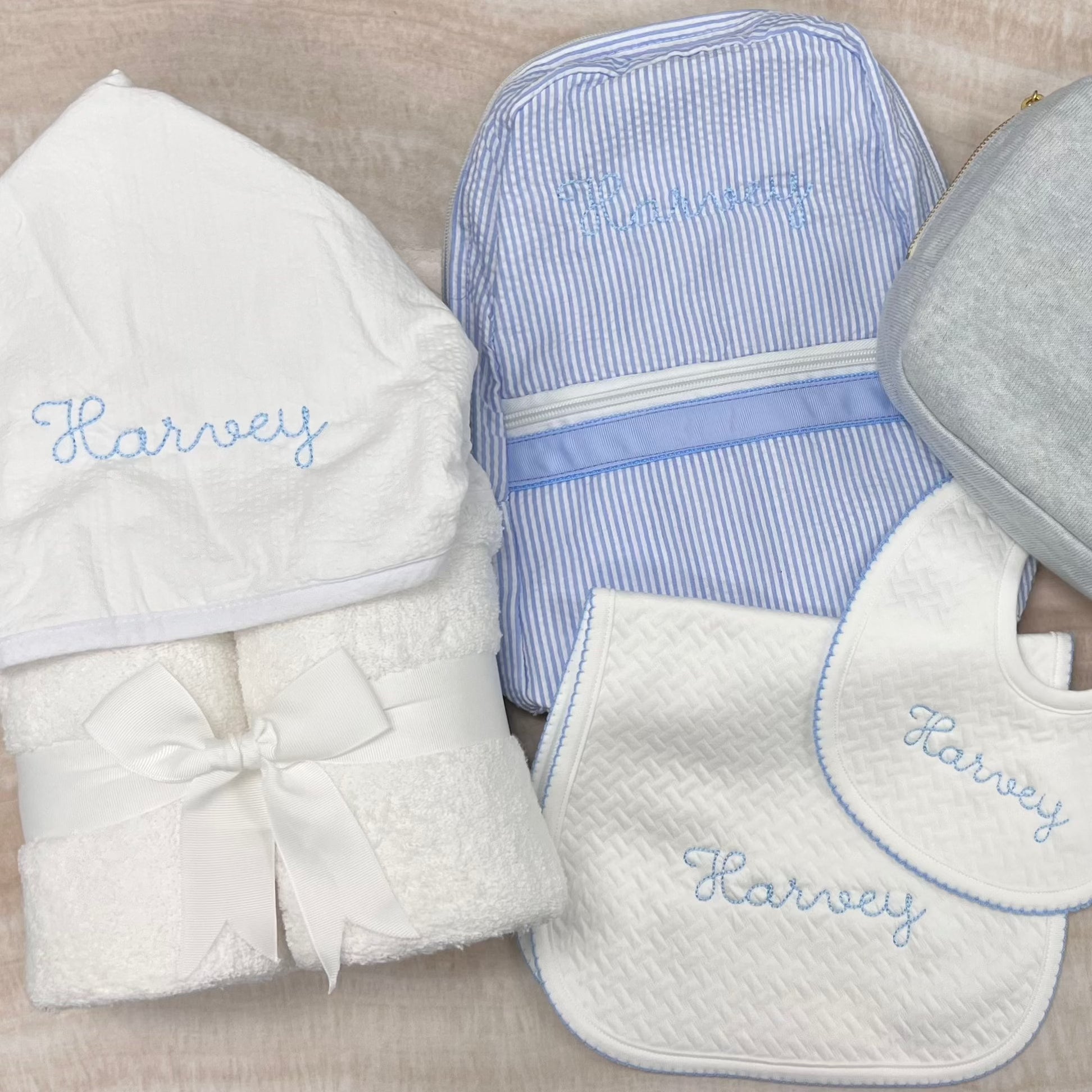 Personalized White Seersucker Stripe Baby Hooded Towel - Give Wink
