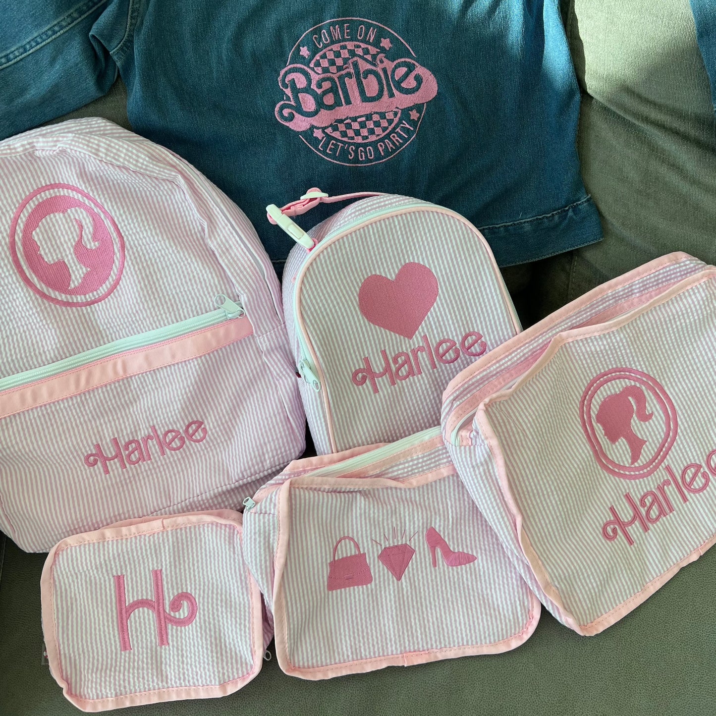 Personalized Seersucker Baby Pink Large Backpack w/ Pockets - Give Wink