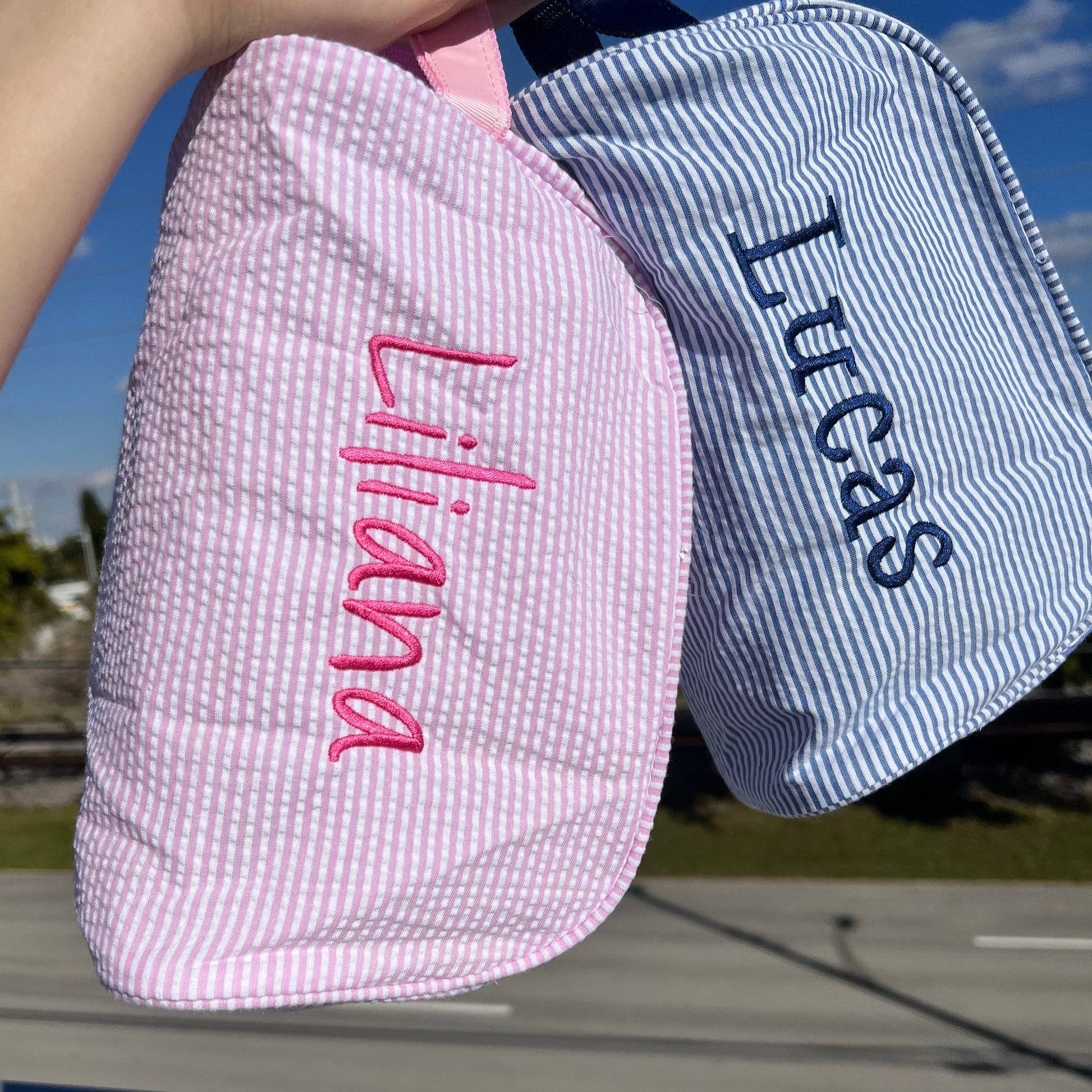 Personalized Seersucker Baby Pink Traveler Pouch - Give Wink