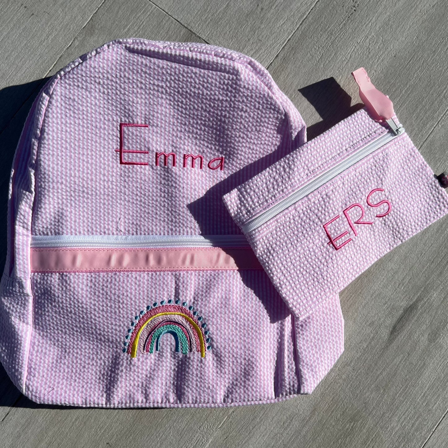 Personalized Seersucker Baby Pink Flat Pouch - Give Wink