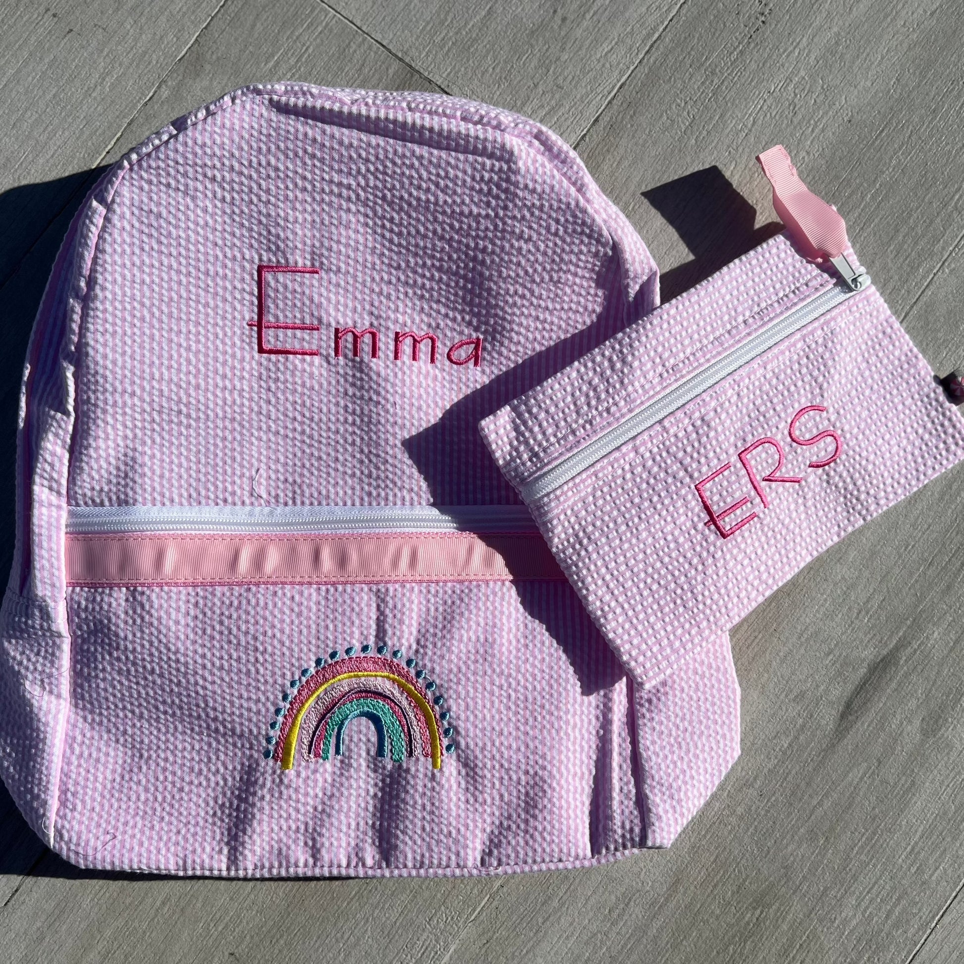 Personalized Seersucker Baby Pink Flat Pouch - Give Wink
