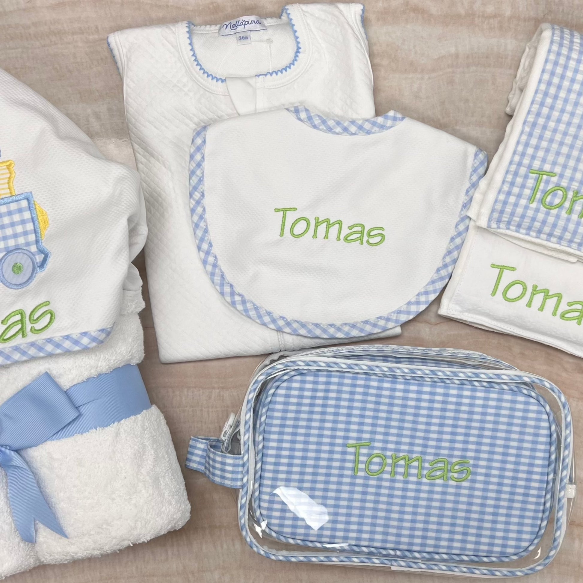 Personalized Baby Boy Blue Gingham Pique Medium Bib - Give Wink