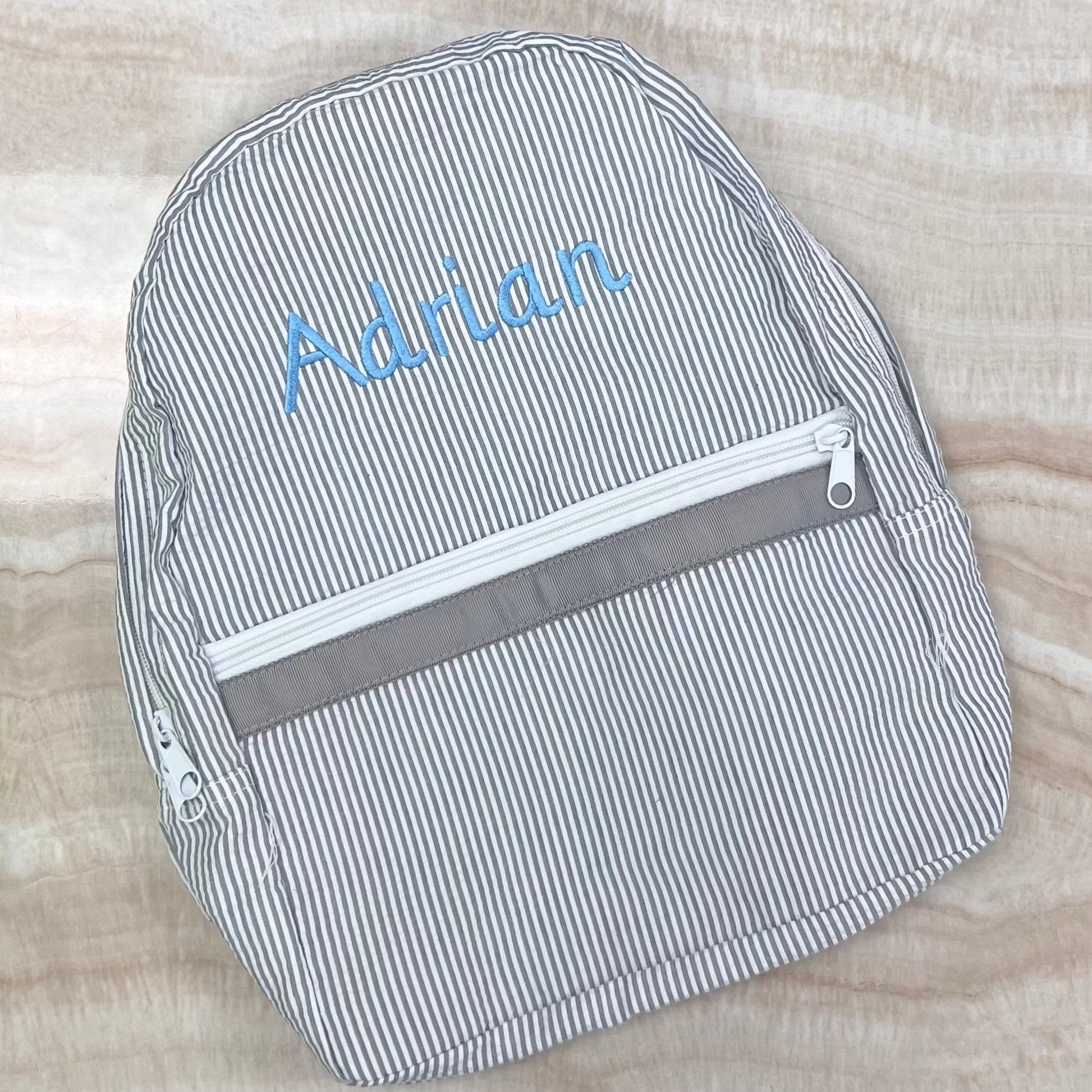 Personalized Seersucker Grey Large Backpack - Give Wink