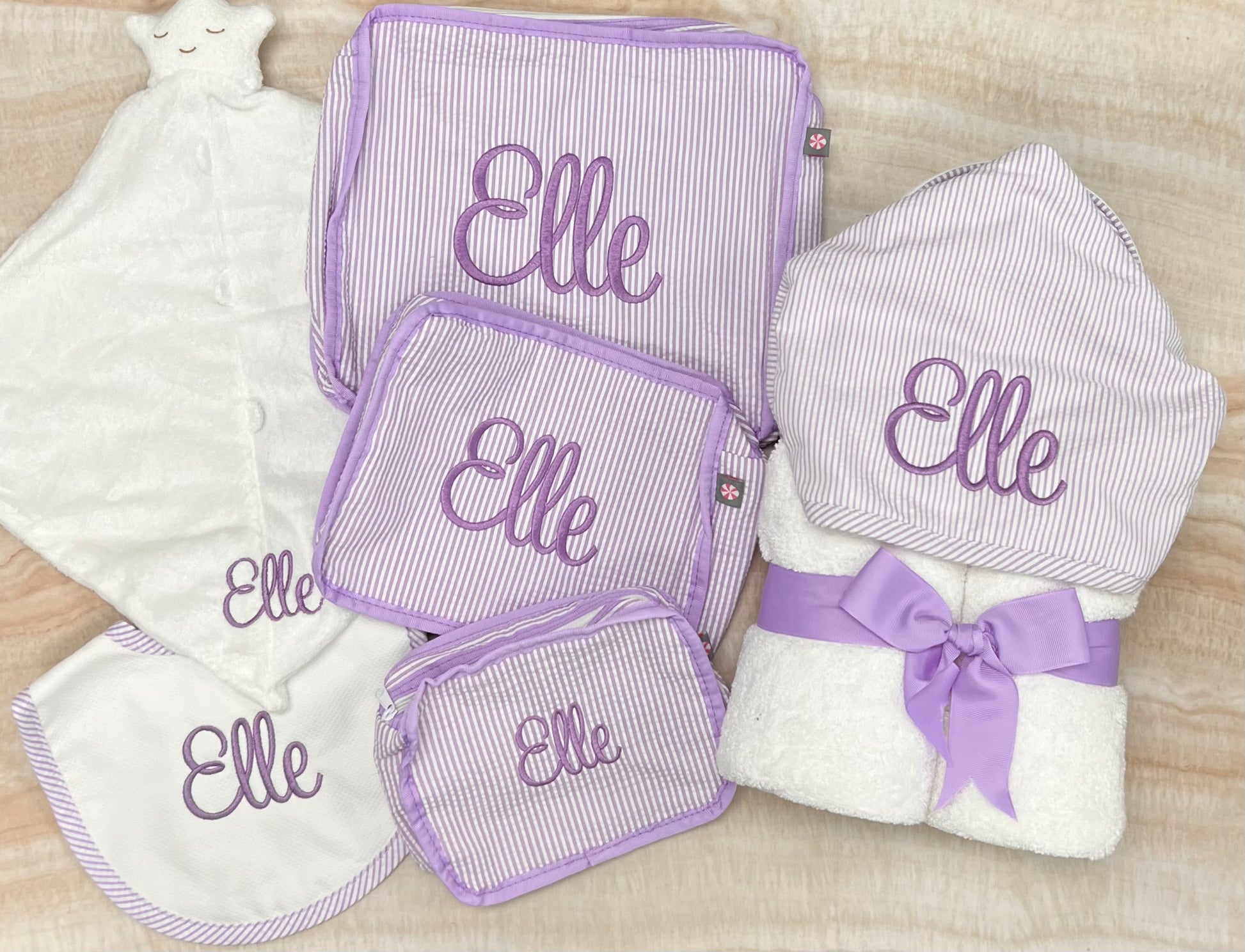 Personalized Baby Girl Lilac Seersucker Stripe Hooded Towel - Give Wink