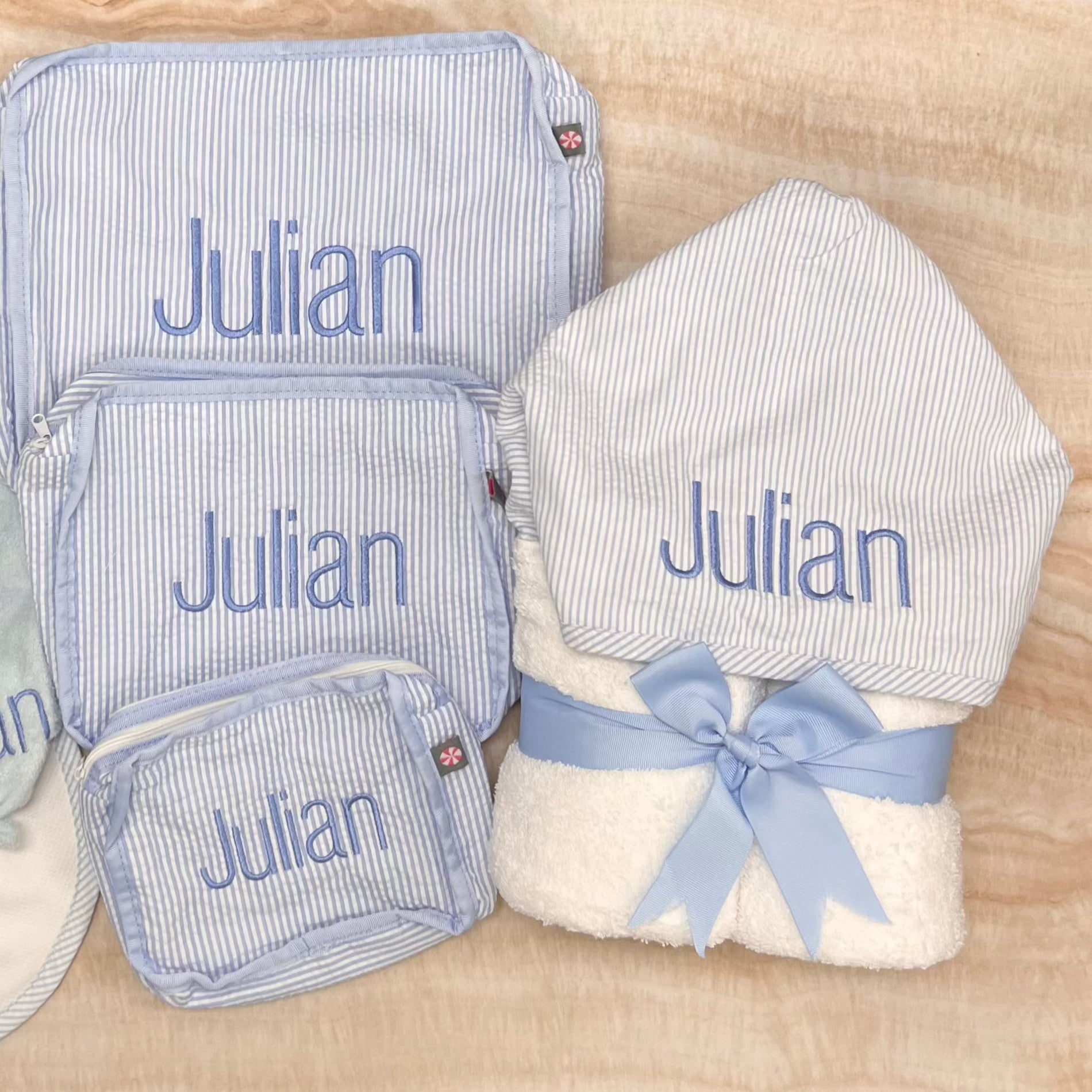 Personalized Baby Boy Blue Seersucker Hooded Towel - Give Wink