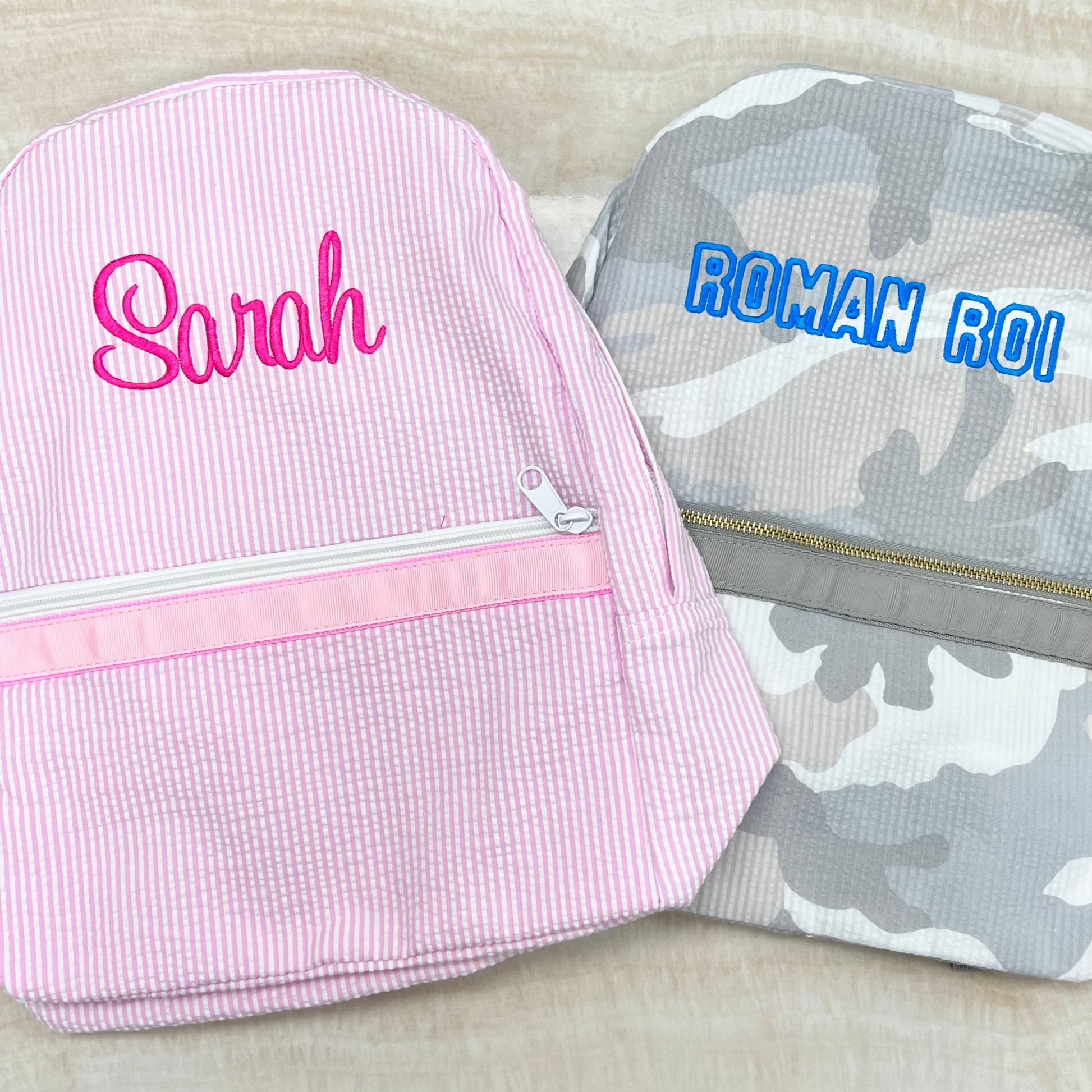 Personalized Seersucker Baby Pink Large Backpack - Give Wink