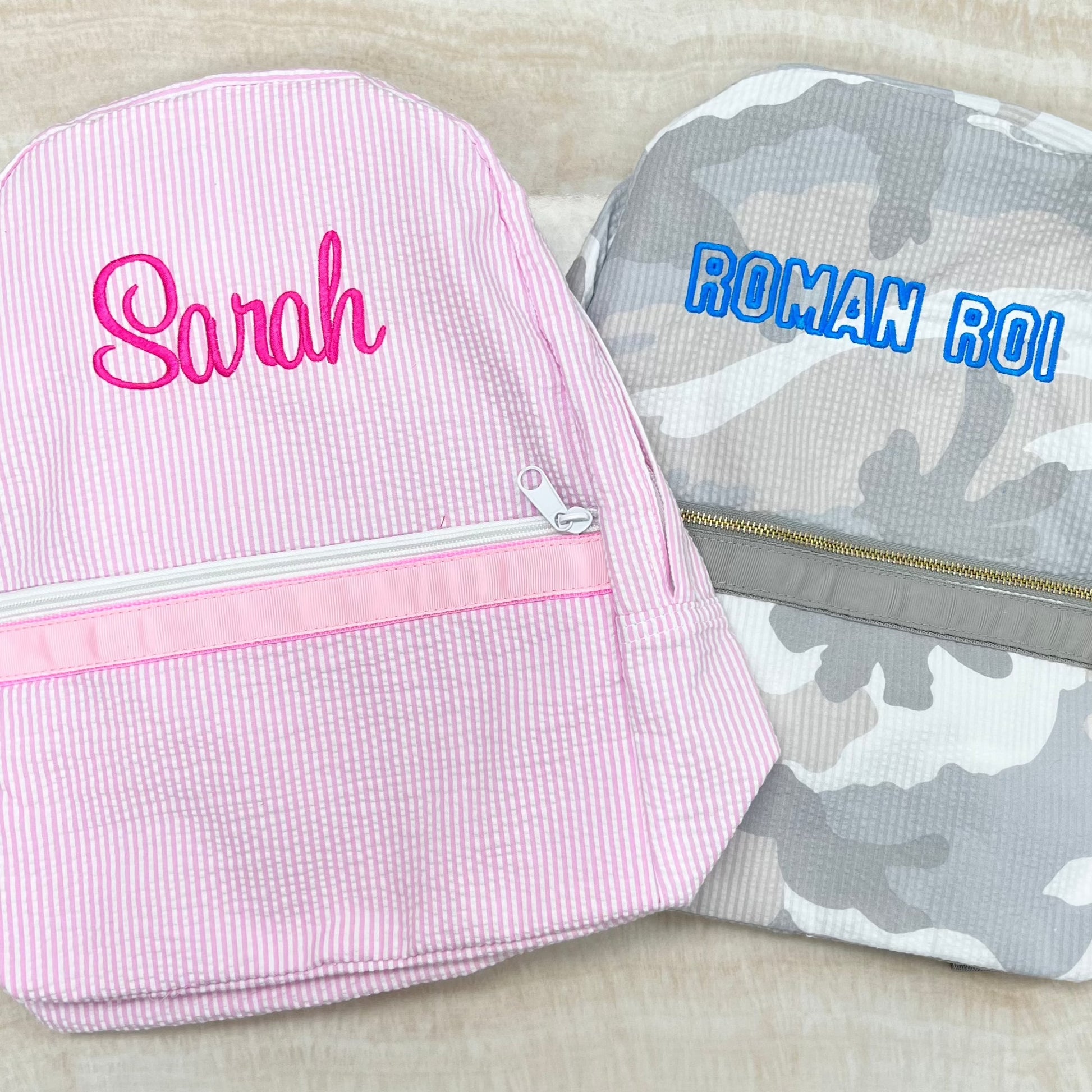Personalized Seersucker Baby Pink Large Backpack w/ Pockets - Give Wink