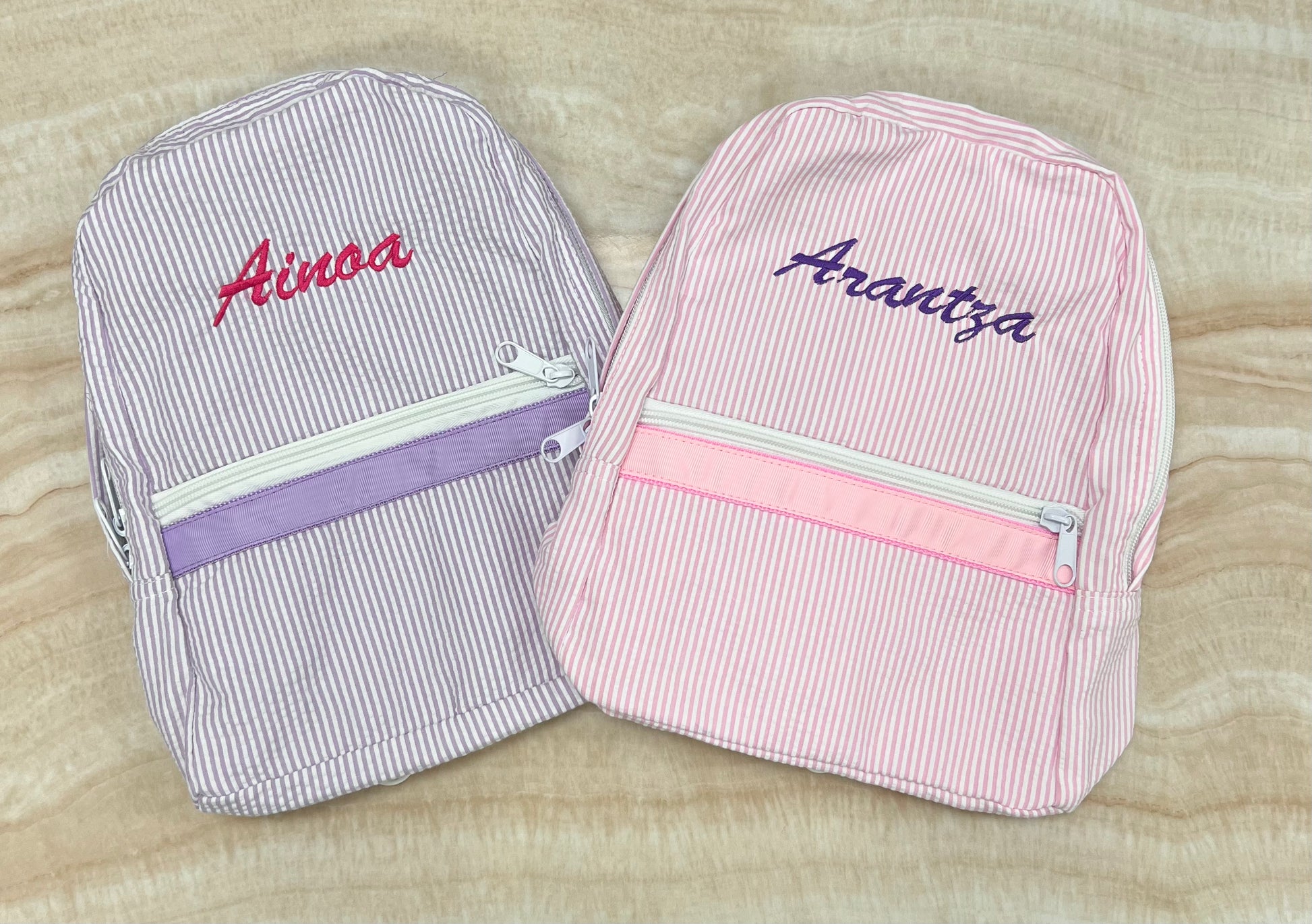 Personalized Seersucker Baby Pink Large Backpack w/ Pockets - Give Wink