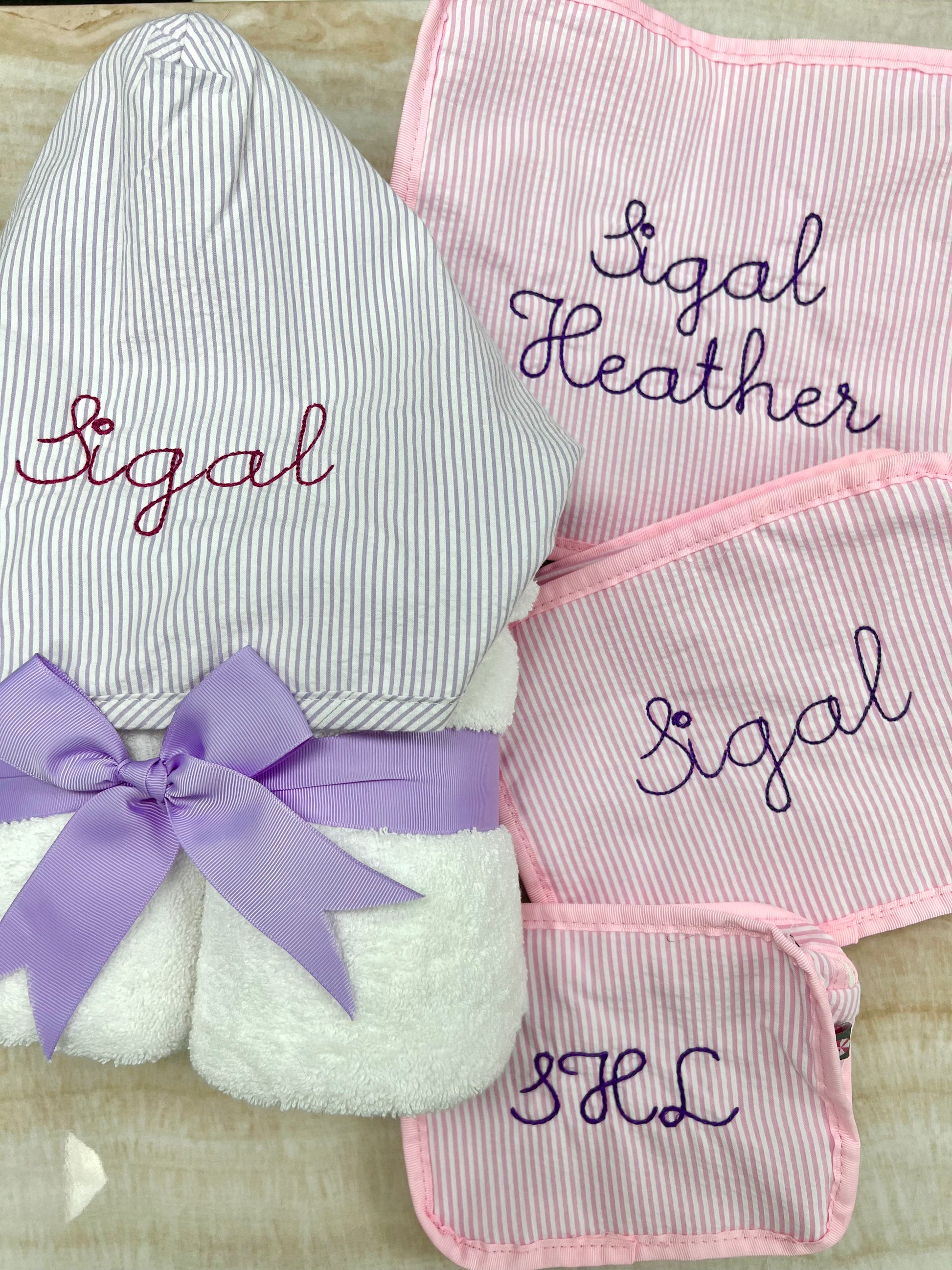 Personalized Baby Girl Lilac Seersucker Stripe Hooded Towel - Give Wink